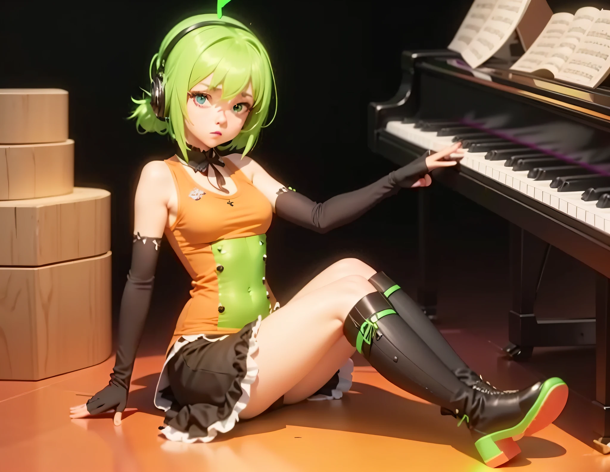 Transform that image and character into something realistic, with green neon musical notes with purple and yellow coming out of the piano, Real Life, 4K, Hot Girl --auto --s2