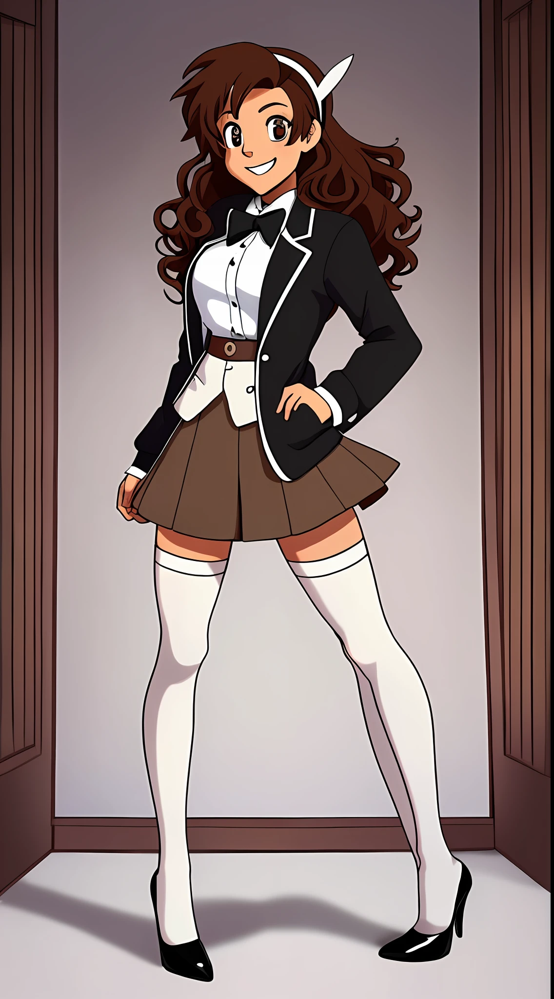 perfect anime illustration, brown hair, curly hair, long hair, hazel eyes, smiling, ((blazer, skirt, white socks, knee high socks, black high heels)), highres, full body, portrait