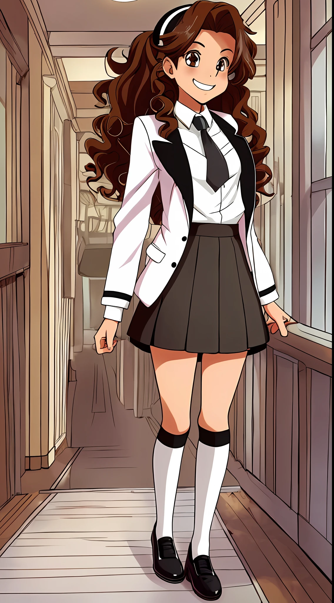 perfect anime illustration, brown hair, curly hair, long hair, hazel eyes, smiling, ((blazer, skirt, white socks, knee high socks, black flats)), highres, full body, portrait