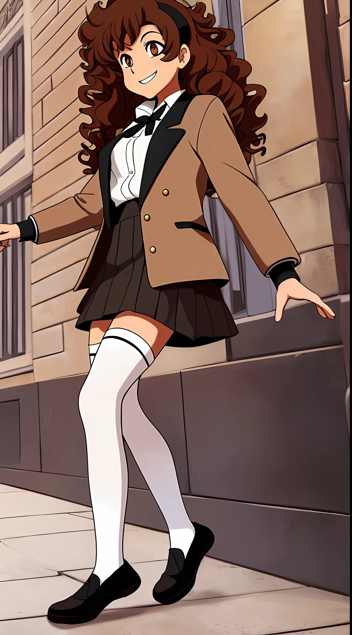 perfect anime illustration, brown hair, curly hair, long hair, hazel eyes, smiling, ((blazer, skirt, white socks, knee high socks, black flats)), highres, full body, portrait