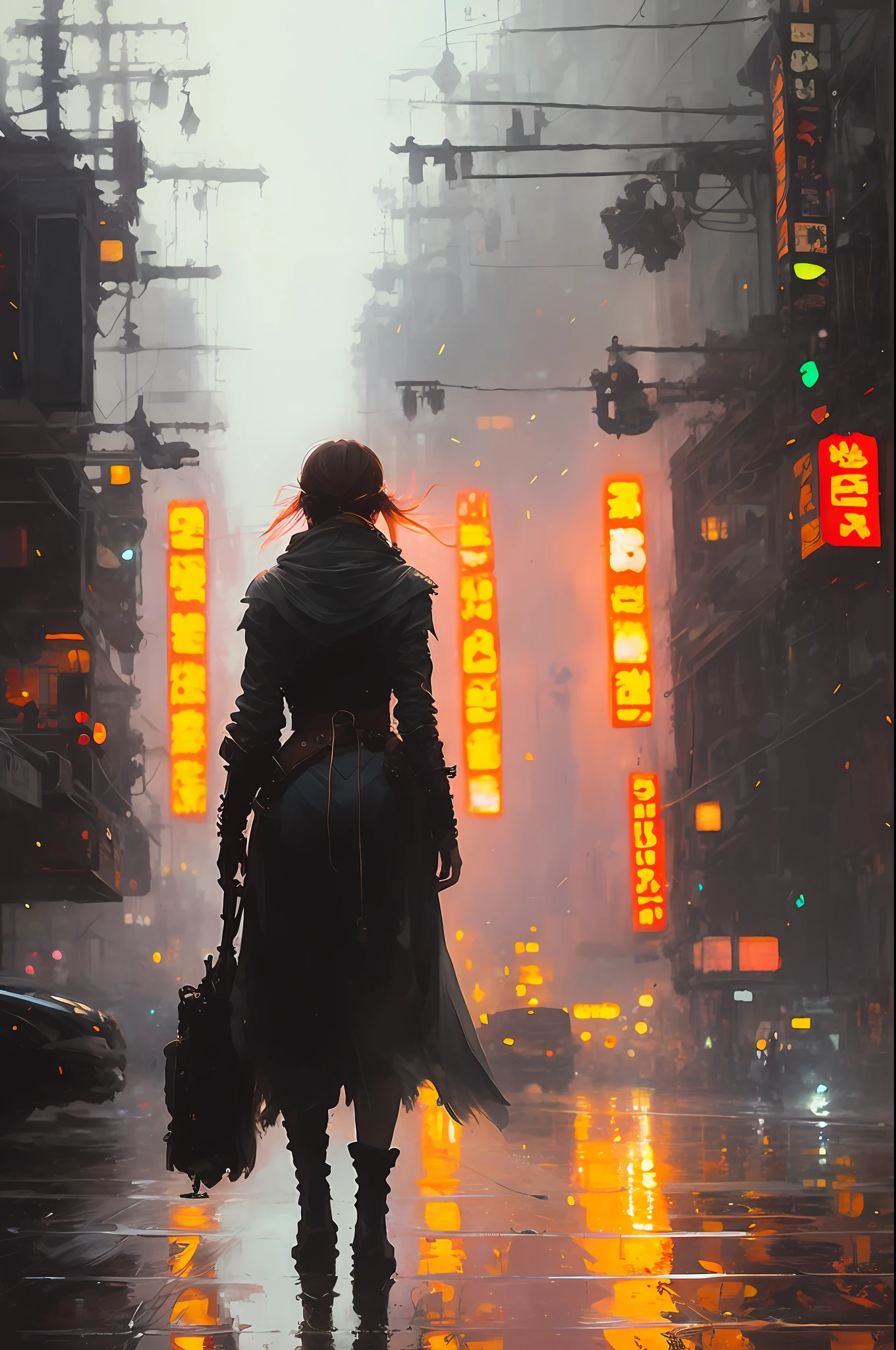 full-body photo of the world's most beautiful artwork, featuring a modern woman (rogue thief: 1.1) wearing bikini, sexy, big eyes, futuristic look of urban Tokyo, neon lights, night, slow motion, reflections, orange raincoat, intricate details, nostalgia, high-top boots, heart majestic professional oil painting by Ed Binkley, Atey Ghailan, Studio Ghibli, by Jeremy Mann, Gregory Manchess, Antonio Moro, trend at ArtStation, trend at CGSociety, Intricate, High Detail, Sharp focus, dramatic and photorealistic painting art by Midjourney and Greg Rutkowski