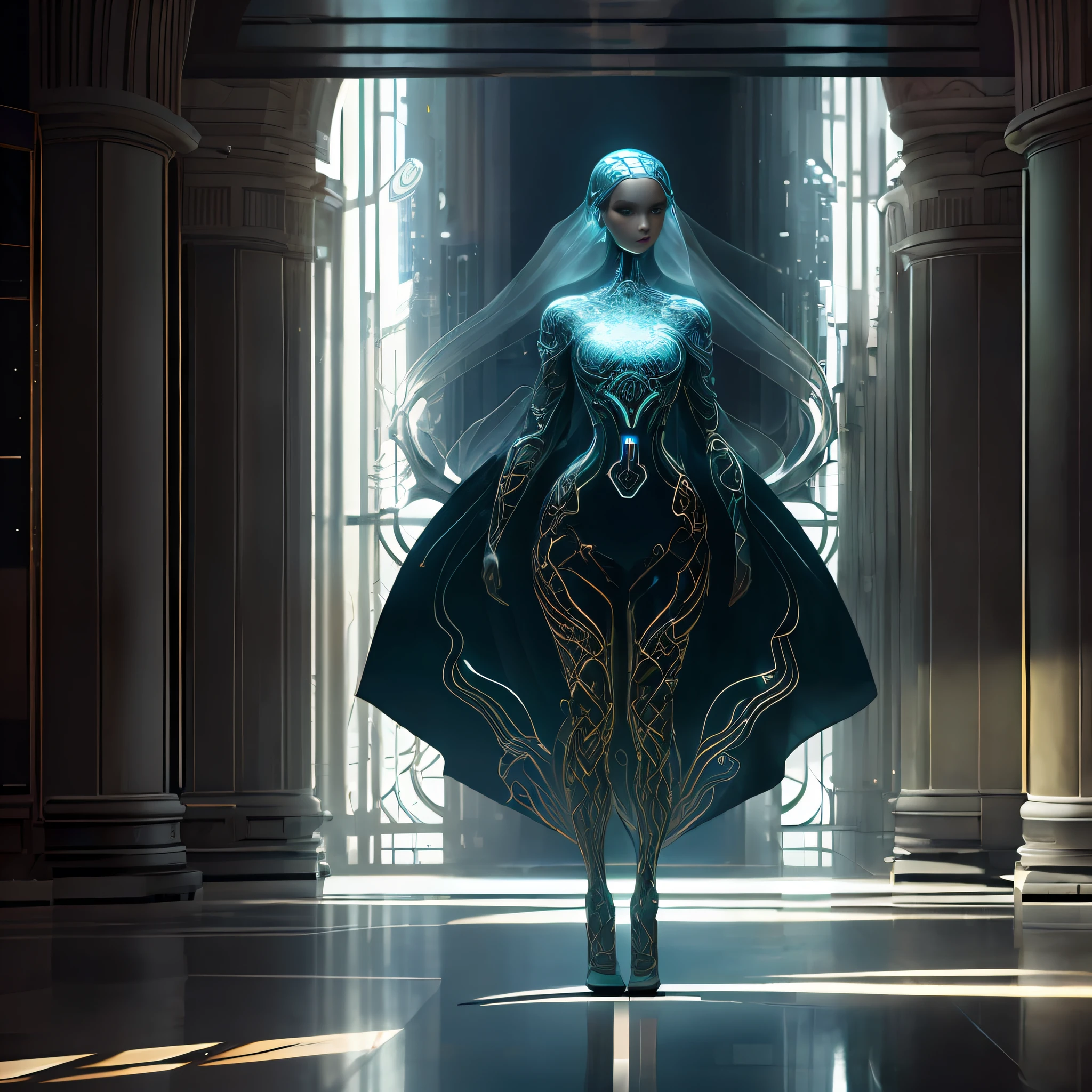 Full body, ultra-detailed photography, very beautiful, mysterious face, representation of artificial intelligence, translucent body, elegant art, epic, dark, translucent city --s 2
