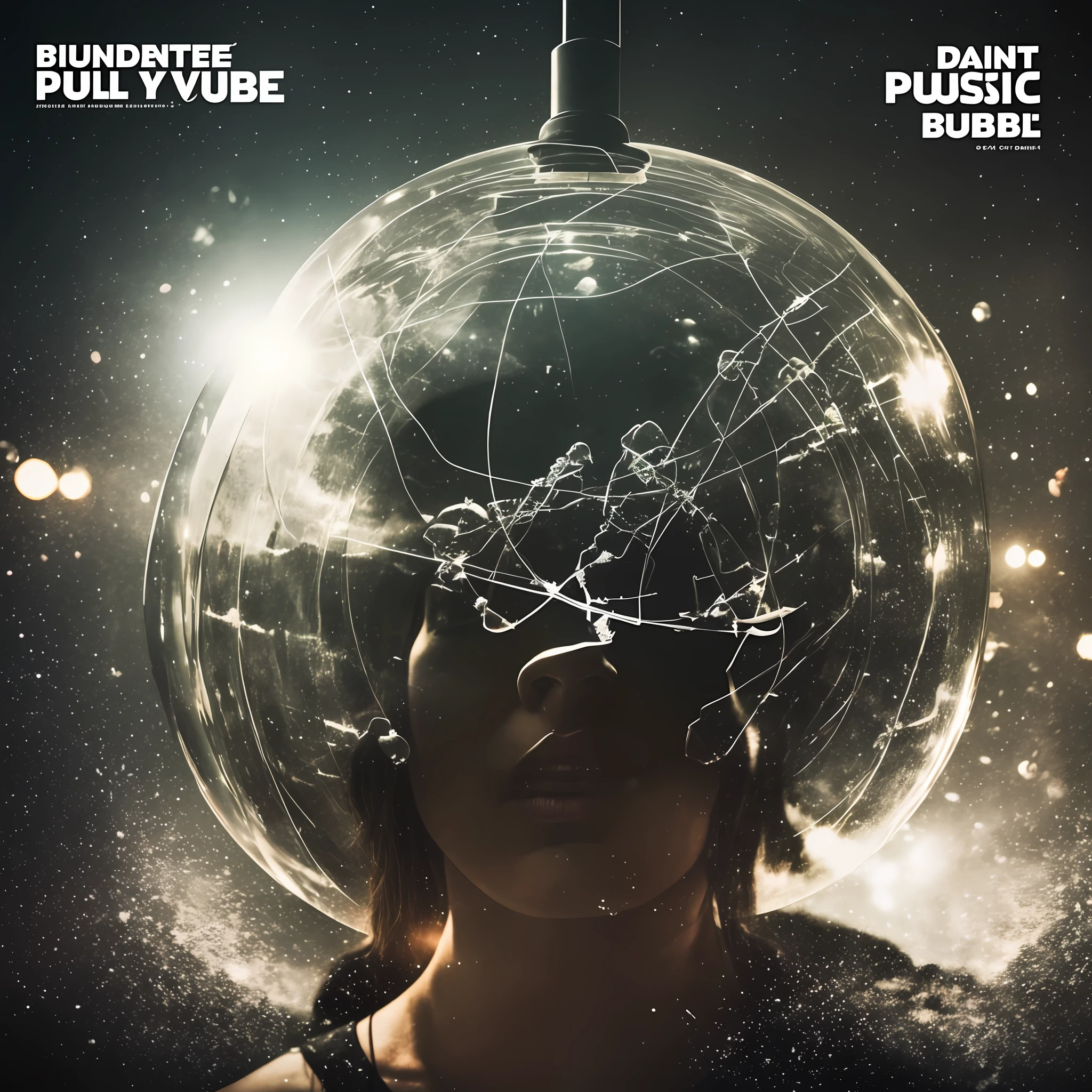 several people blindfolded inside a giant bubble, dark style, realistc, music cover art --auto --s2