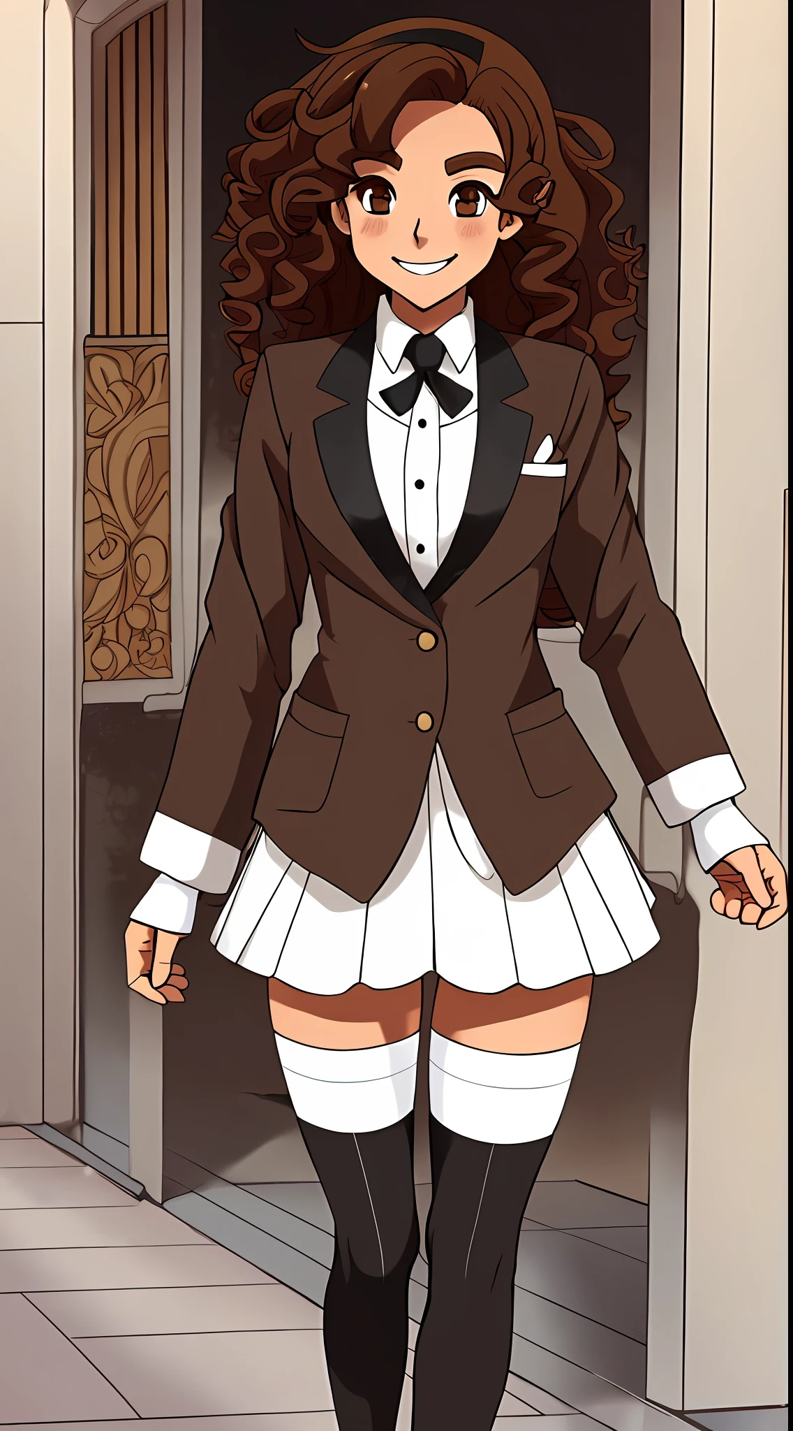 perfect anime illustration, brown hair, curly hair, long hair, hazel eyes, smiling, ((blazer, skirt, white socks, knee high socks, black ballet flats)), highres, full body, portrait