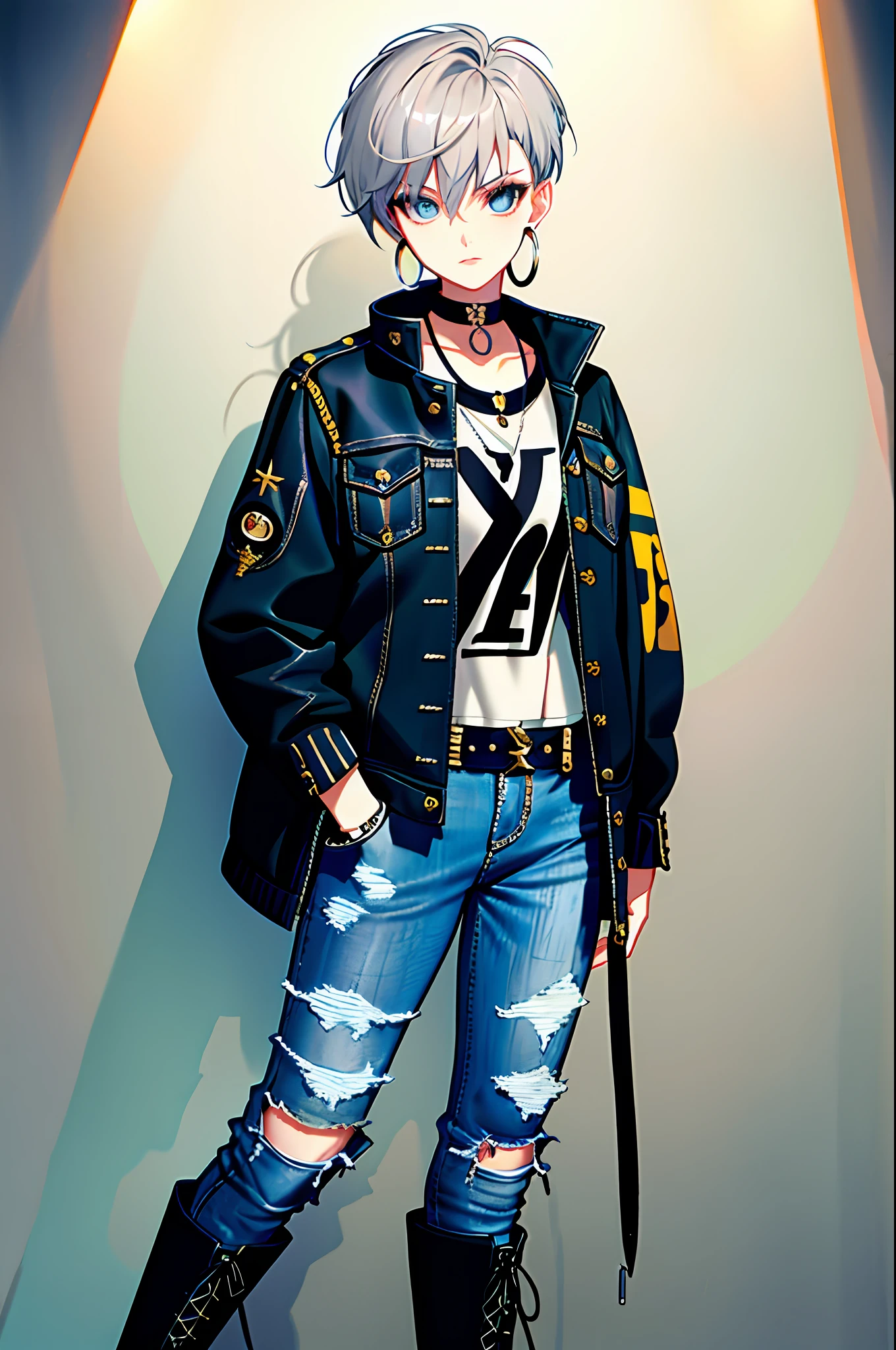 (masterpiece:1.2, best quality), 1lady, solo, upper body, Hair: buzz cut, Clothing: oversized, distressed denim jacket with patches and pins, paired with black skinny jeans and combat boots, Accessories: silver hoop earrings and a black choker necklace, Hanging out in an underground music venue or street art exhibit