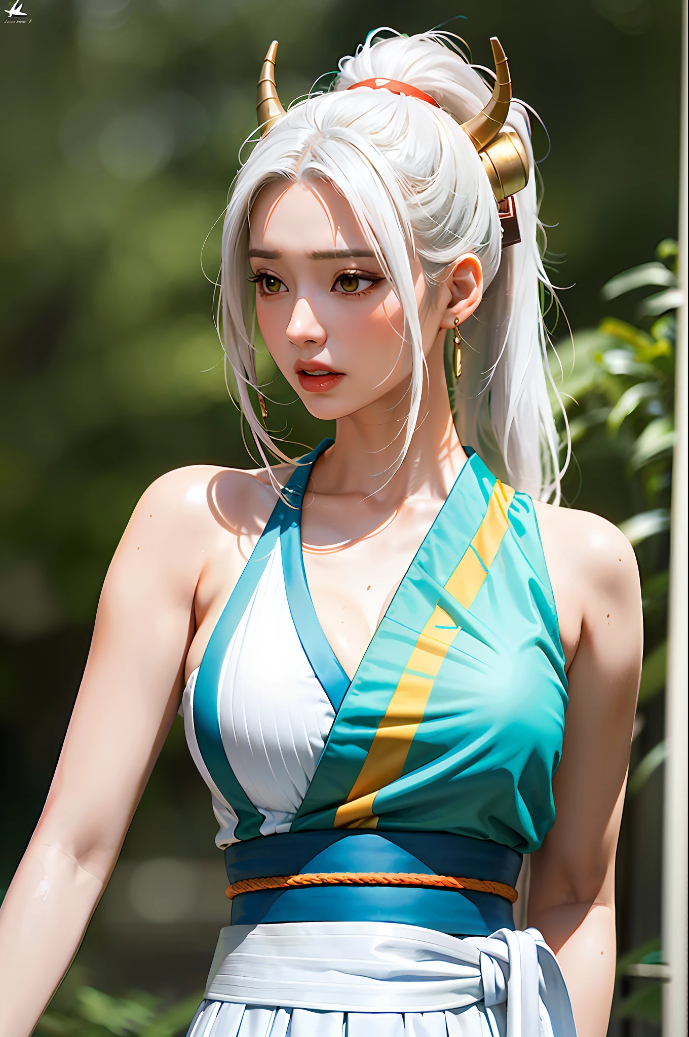 A long gradient white hair, hair from the top of the head to the ends of the hair gradually from white to green and then gradually to blue, combed in the middle of the head, the sideburns of the two sideburns naturally hang down to the chest, a pair of red demon horns on the top of the head, the hair on the back of the head is tied into a ponytail, two orange hairpins, gold earrings on both ears, wearing a white sleeveless close-fitting kimono, the kimono has a blue pattern, there are two diamond-shaped patterns on the chest, a huge note rope tied around the waist, the lower body is wearing a red long skirt, yellow eyes, bursting breasts, HD, Yamato of One Piece, Yamato's beautiful portrait, fanart, the character is her natural pose, woman full body art, wearing little, see-through, leaking upper body, transparent clothes