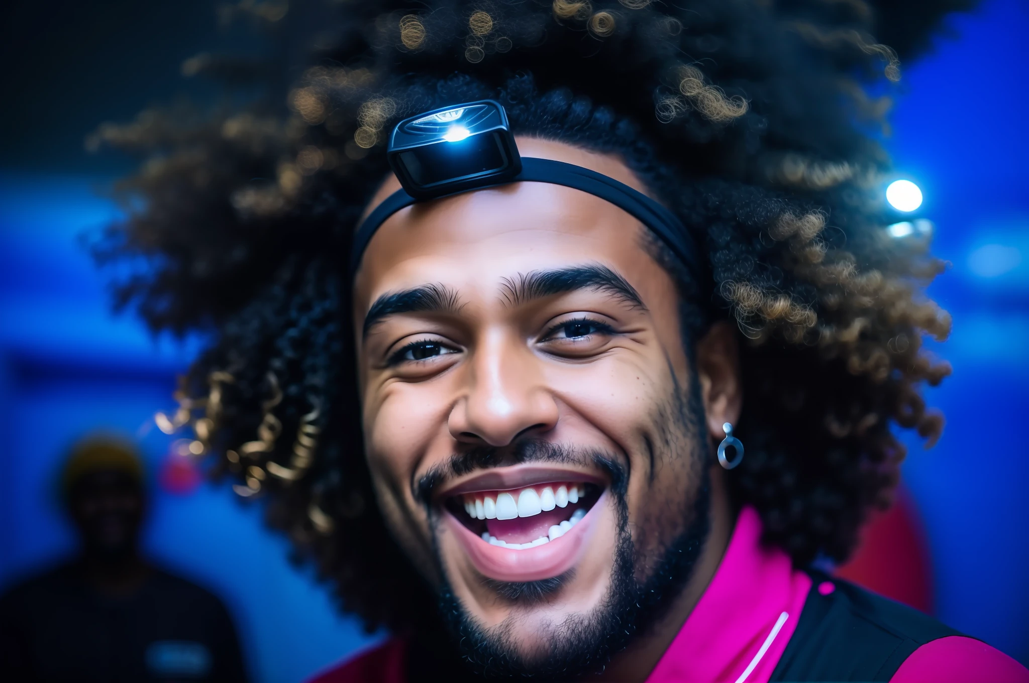 Smiling man with a big afro with fishing light on his head, a black man with long curly hair, taken in early 2020, looking happy, wearing the number 1 headband, playful smile, very lively, goofy smile, curls on the top of the head, closeup head shot, cheerful smile, closeup headshot, eye level shot, close up face --auto --s2