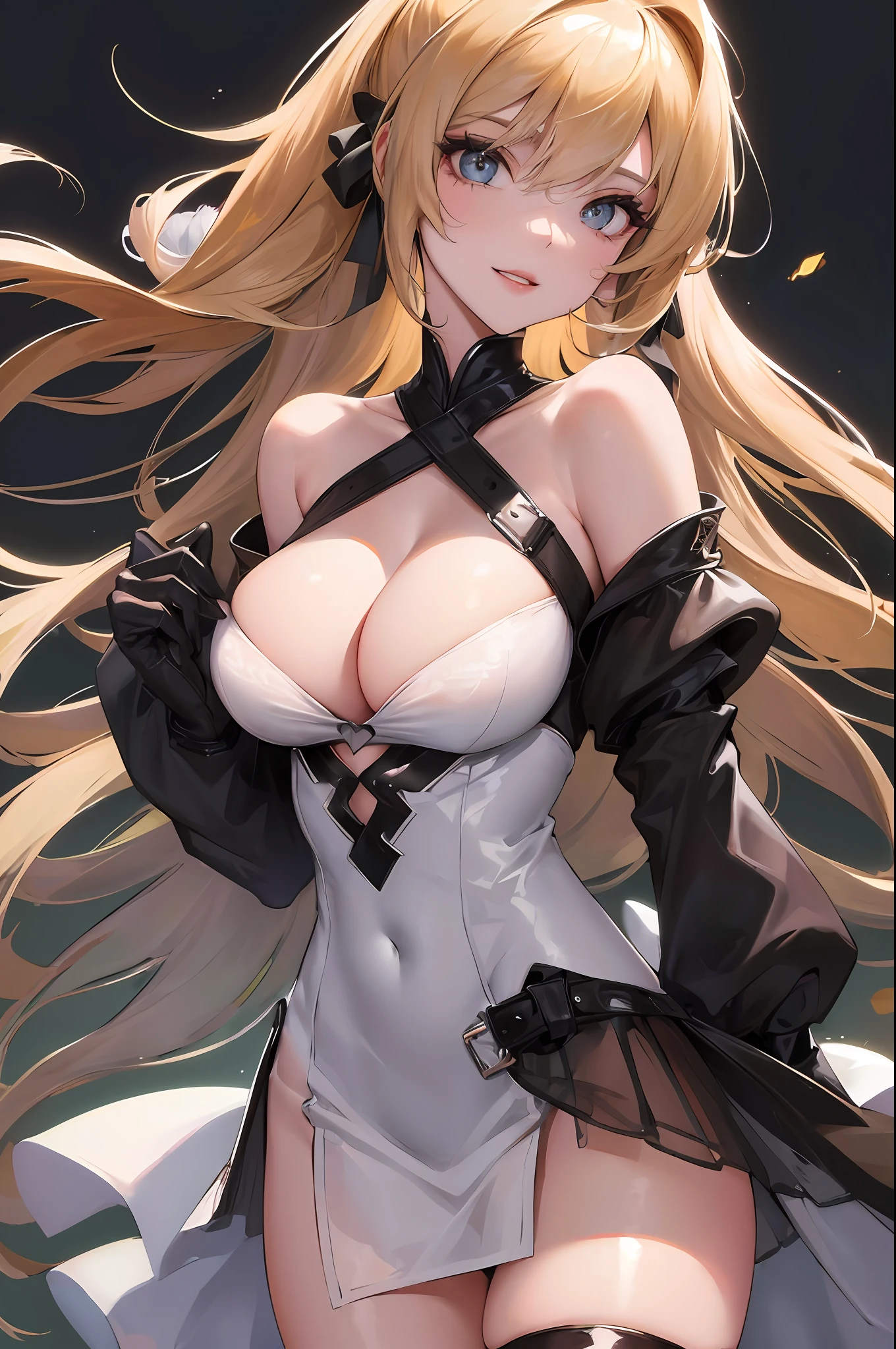 ((Best quality, 8k, Masterpiece :1.3)), perfect anatomy, Sharp focus :1.2, A pretty woman with perfect figure:1.4, ((Big breasts, slender:1.2)), (sexy dress:1.3), big breasts:1.2, Highly detailed face and skin texture, Detailed eyes, Double eyelid, black thighhigh socks, looking at viewer, seductive smile, perfect fingers:1.5, spread legs,