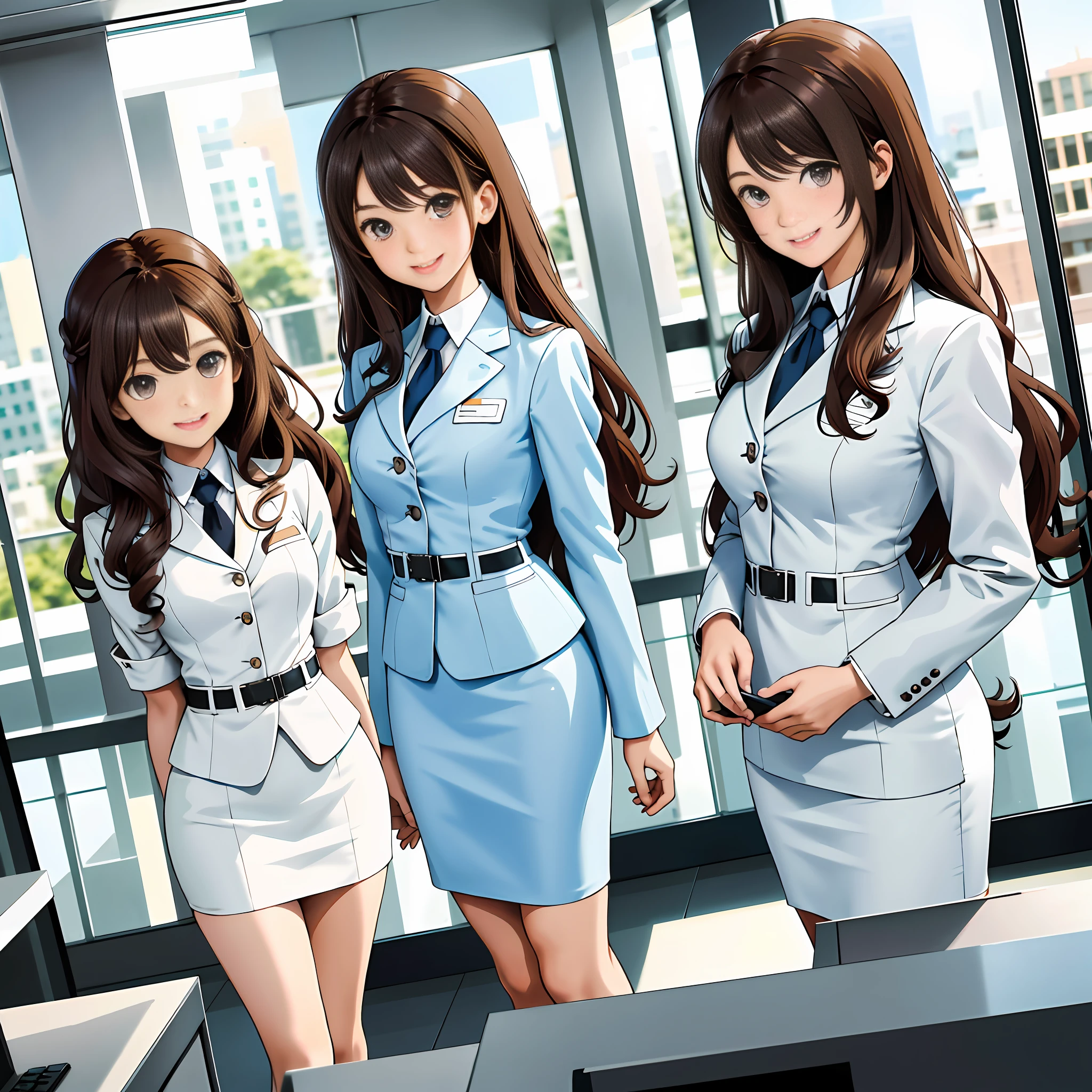 perfect anime illustration, multiple girls, thousands of girls, millions of girls, clones, identical sisters, brown hair, curly hair, long hair, matching hairstyle, hazel eyes, smiling, white skin, business attire, blue skirt suit, pencil skirt, black high heels, matching outfits, businesswomen, highres, office, full body, bare legs, neat rows of sisters, neat columns of sisters, sisters standing in formation, sisters in background