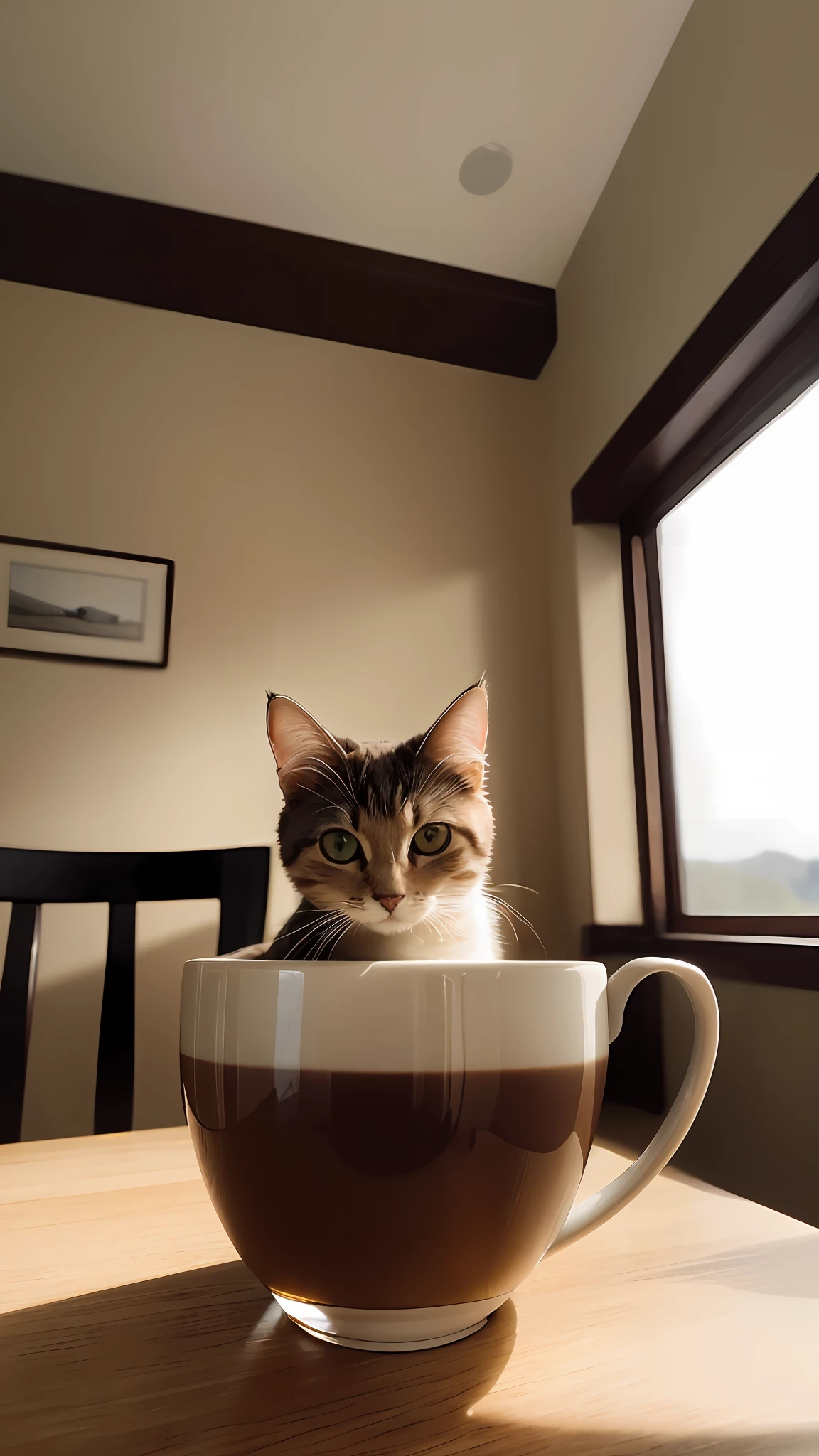Cat, brown tigrade, in a cup of tea, Face, Front paws out, 8K, Professional photo, Delicate, Clear, On the table, Inside the house, Sun, Light leak, Masterpiece, (((Cute))), Fashion tea cup, (Reality), Stuffed toy, Round pupils