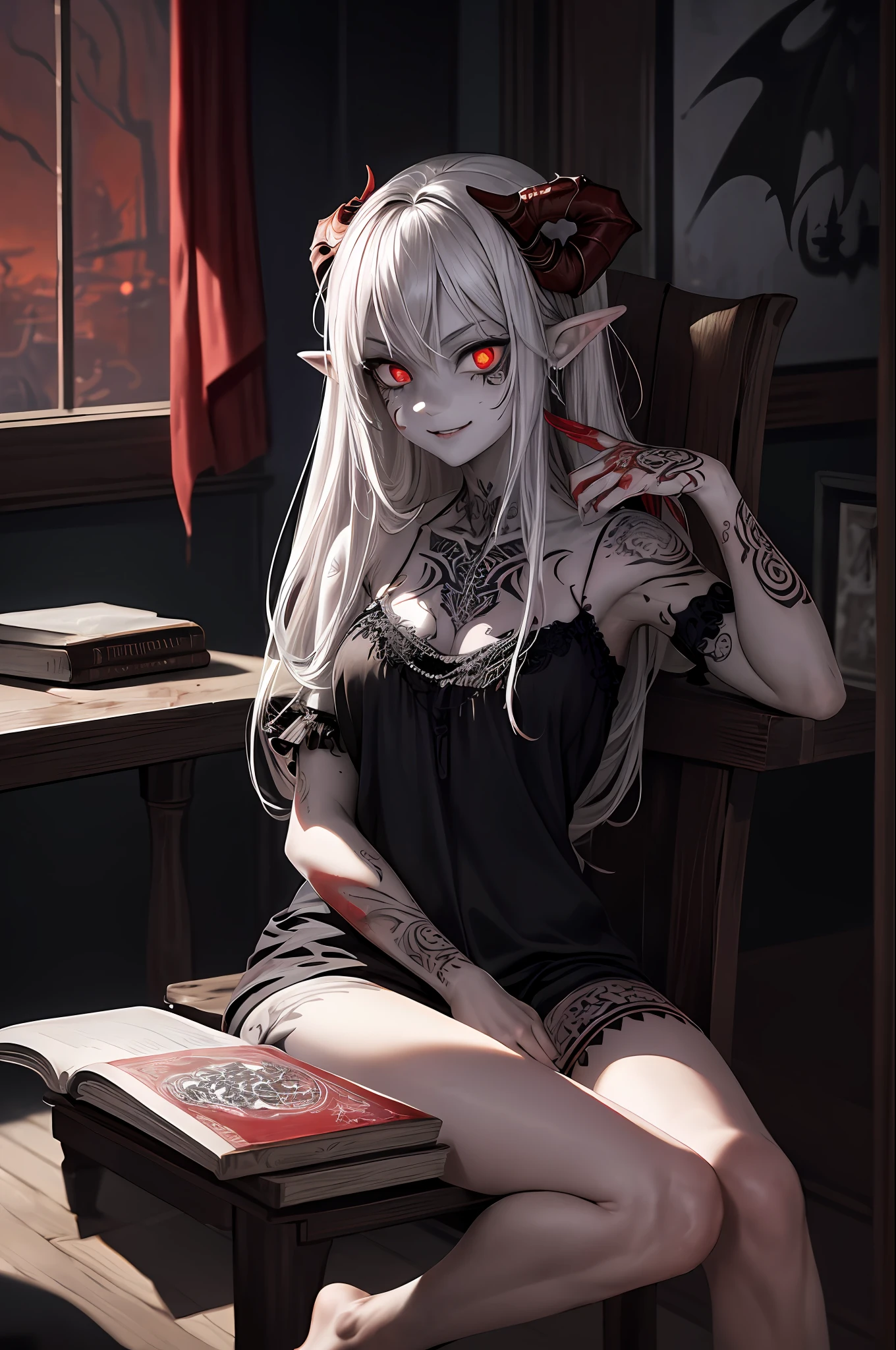(Masterpiece: 1.2, best quality), (best lighting, very delicate and beautiful), (best lighting, very delicate and beautiful), (beautiful detailed face), (detailed eyes and detailed face: 1.2), dark fantasy, ((Style Swirl Magic: 0.8) girl, little beast, 1girl, solo, crazy smile, pale skin,((Big tattoo with all over the body , tribal tattoos all over legs)),Gray hair, Red glowing eyes, (((Left and right pupils are different shapes))Dynamic Angle, Vampire), (In the room, sitting in a chair and reading a book cross-legged), (Laughing Moon, Red Sky), pointy_ears, Fangs, Demon Wings, Demon Horns, Blood on Face, Blood Rain, Blood Mist, (Depth of Field), High Contrast, (Blood Splash: 1.4), Cowboy Shot, Full Body , Nightgown, avert your gaze
