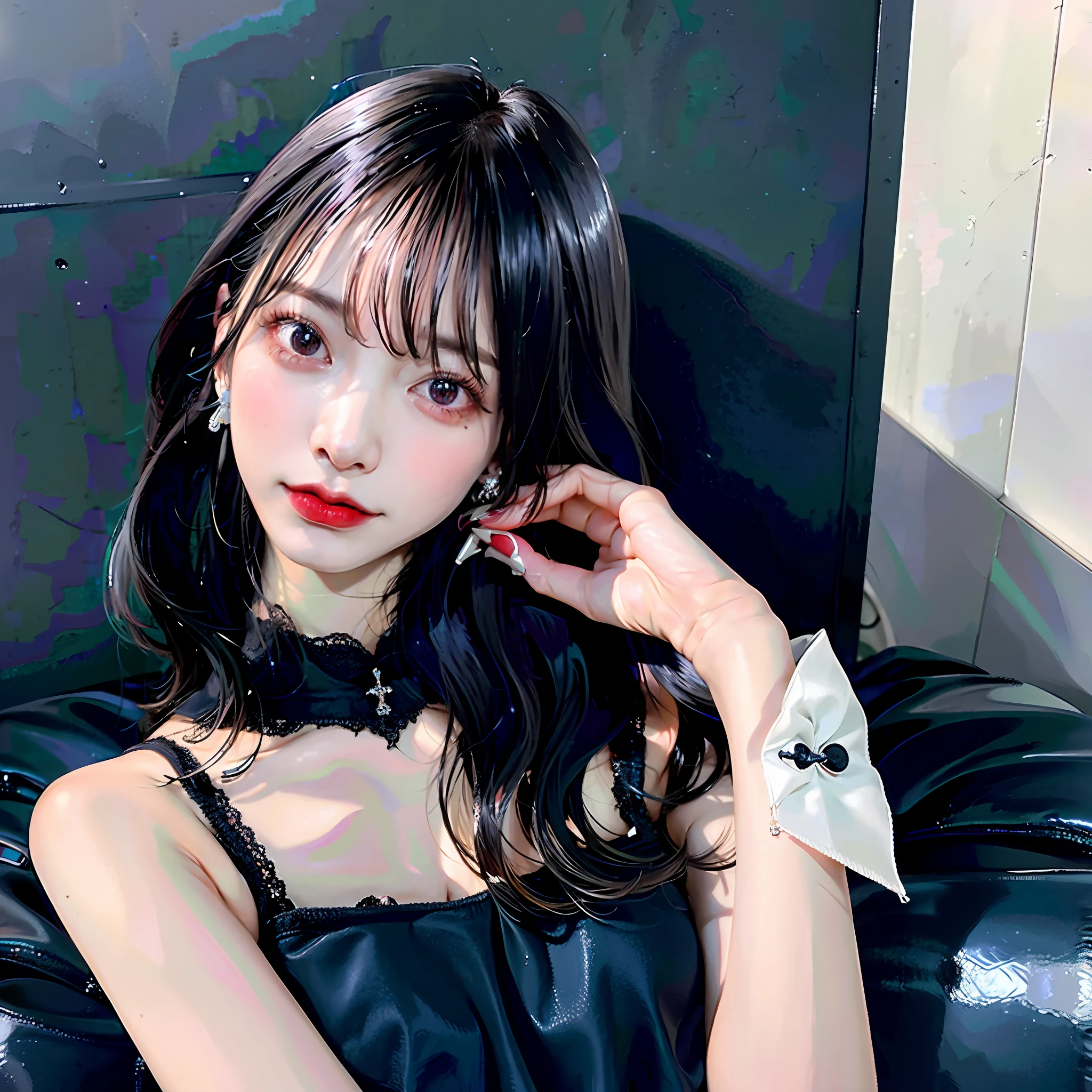 Black Hair Bob, (RAW photo, photorealism), (very dark lip gloss, pitch black lipstick, so many eyelashes, pitch black eyeshadow, watery eyes, crying, angry, high quality, high resolution, depth of field, chromatic aberration, indirect lighting, caustics, midnight, dark, Japan person, female, 20s), glaring at the viewer, angry, necklace, choker, earrings, Bracelet, soft looking big, good style, slender figure, tips of clearly visible, whole body, raw legs, overexposed, body line is very sexy, crotch wide open, sticking out, genuine leather sofa, very much exposed skin, sexy pose, tips of are clearly visible, areola visible, pubic area is clearly visible, Crotch wide open, almost naked, pubic hair, very small bra, smallest protrusion, big, sexy