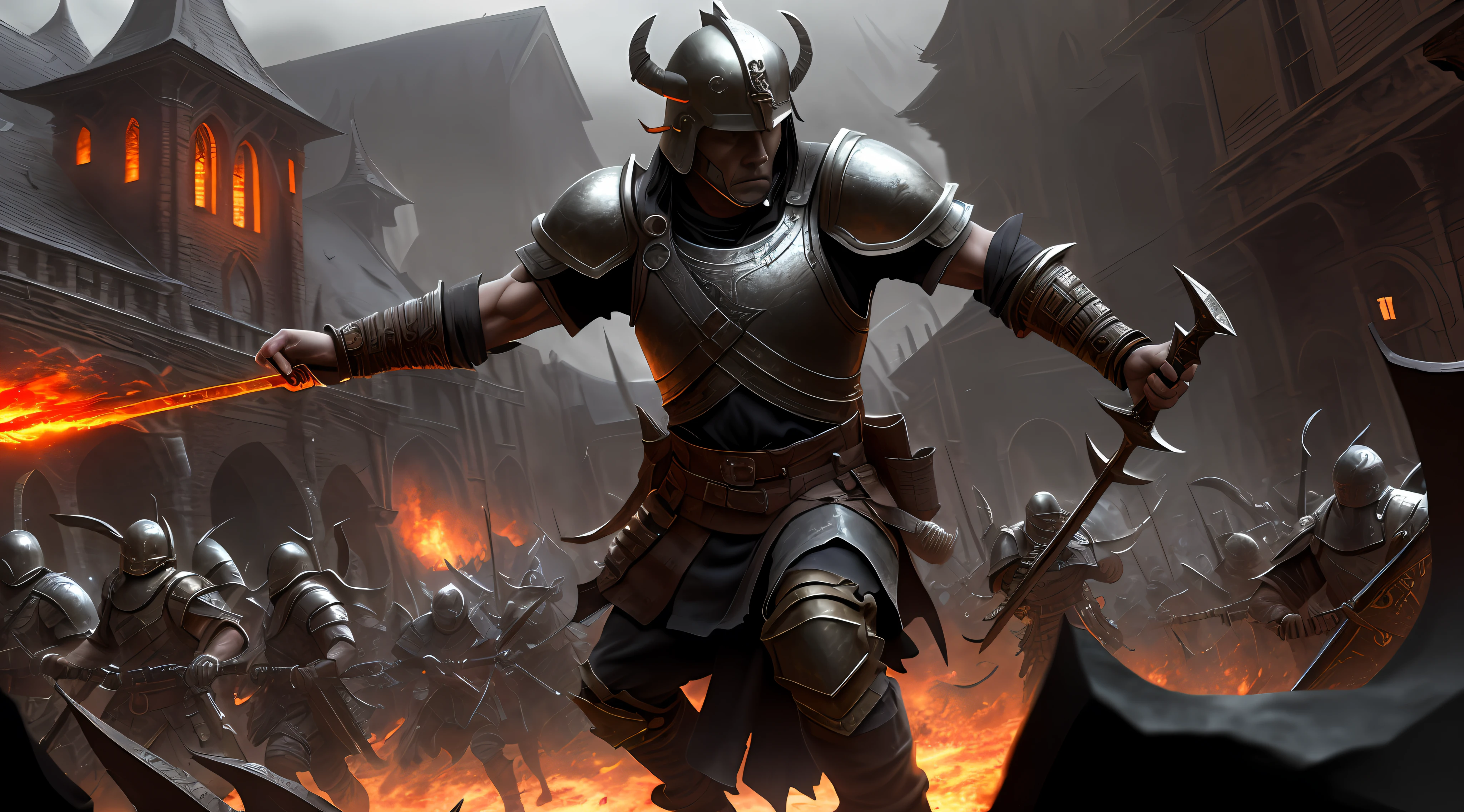 (8k unit wallpaper CG extremely detailed, masterpiece, best quality, ultra-detailed), (((solo)))), a warrior (wearing macabre helmet) in the middle of a battle in the castle courtyard, medieval, chaos, destruction, crowd, action scene, (upper body), magnificent scene, sinister environment, (matte painting), cinematic light, edge lighting, best shadow