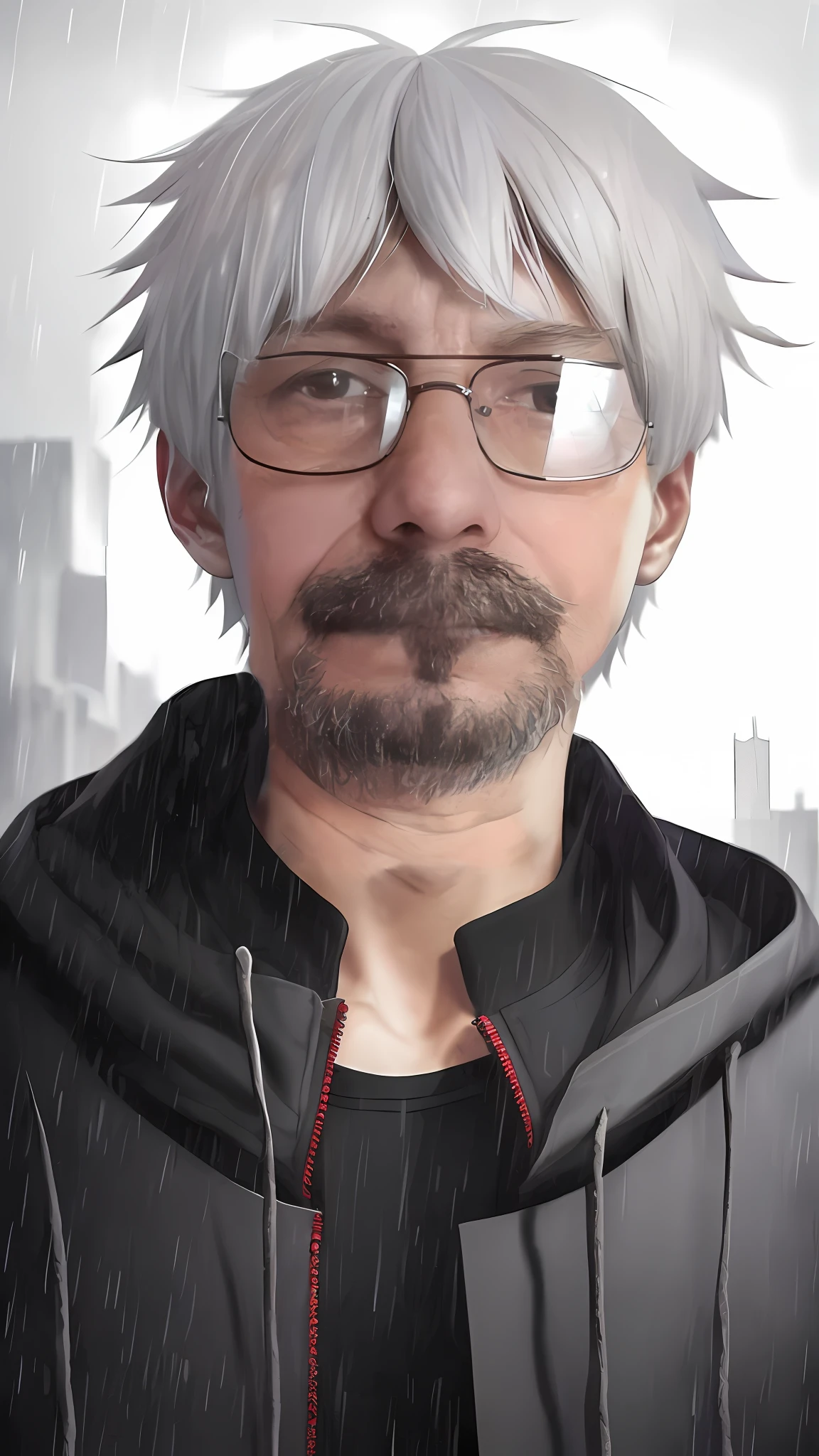 there is a man with a beard and glasses standing in the rain, with glasses and goatee, portrait of ultra realistic, with nerdy! glasses! and goatee, cyberpunk old man, twitch streamer / gamer ludwig, 8k portrait render, artwork in the style of guweiz, with nerdy glasses and goatee, inspired by Edo Murtić