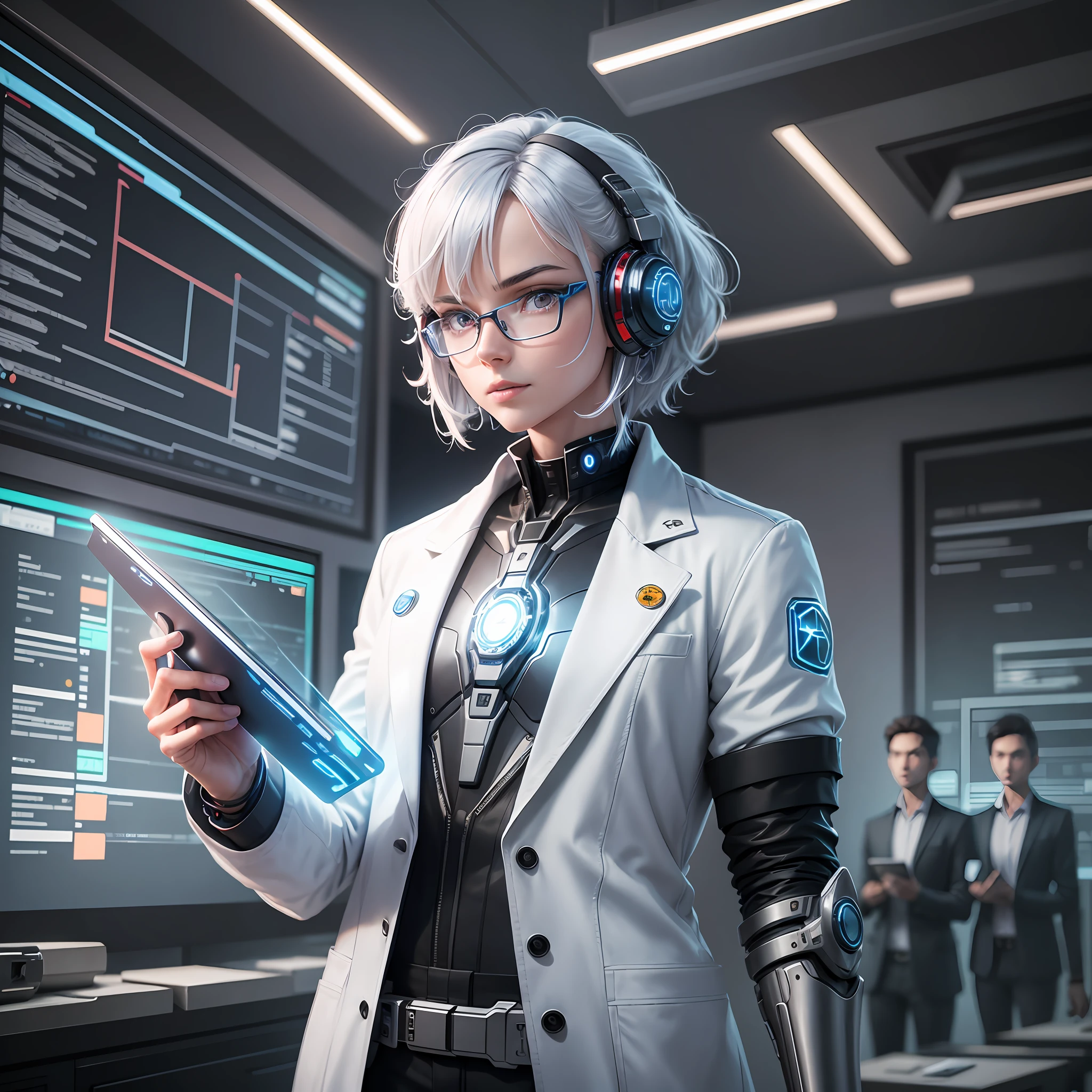 A cyborg teacher with a mechanical arm and a bionic eye, wearing a white lab coat and holding a holographic tablet, standing in front of an interactive digital whiteboard, where he shows complex graphics and formulas, while teaching a class of students with augmented reality headsets and smart bracelets, in a modern, lighted classroom, with windows that display a futuristic cityscape with skyscrapers and flying vehicles. --auto --s2