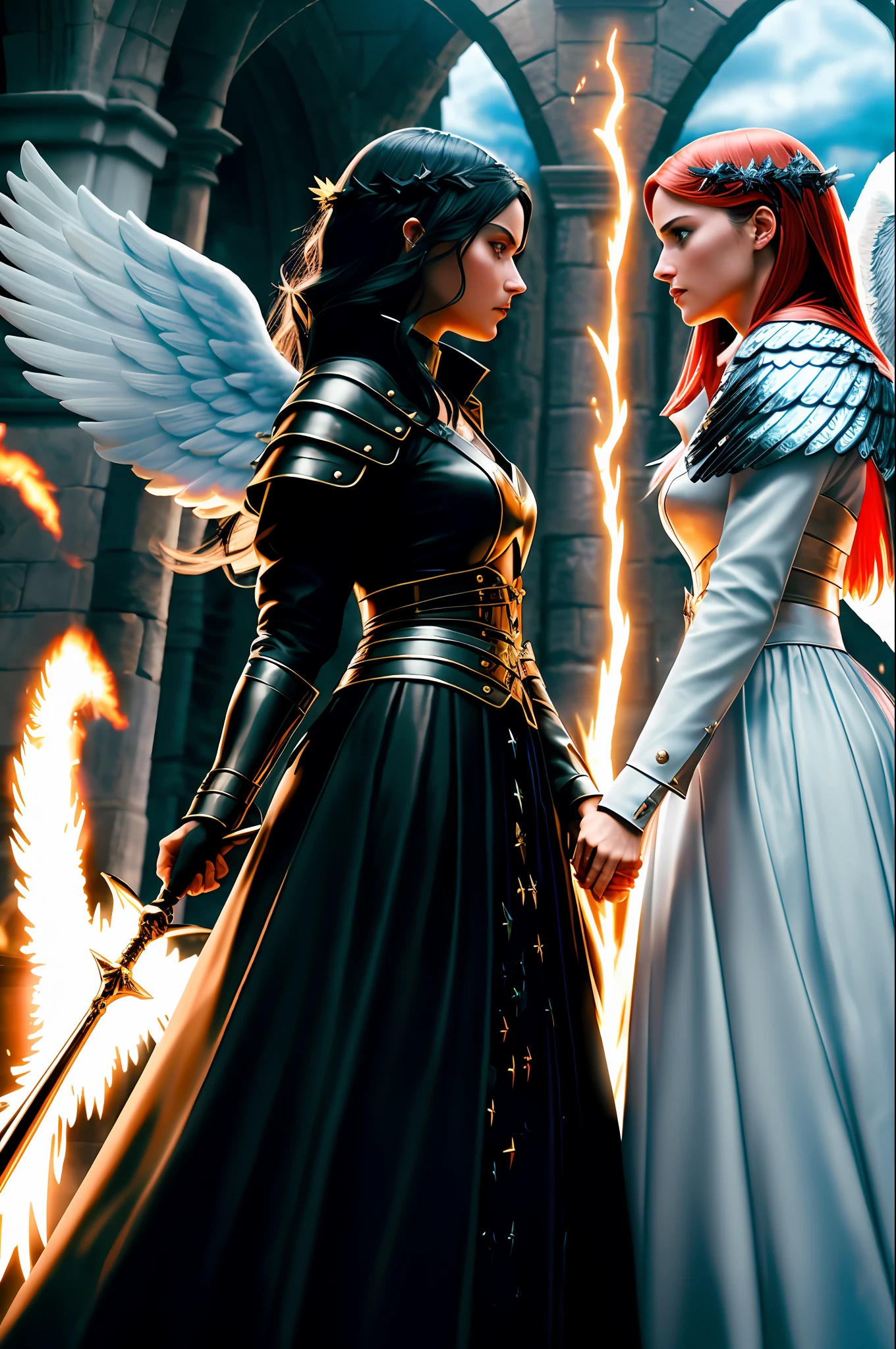 ((Photo shows a battle between an angel and a witch, an angel fights a witch)), battle, battlefield, angel vs. witch fight, hyperdetail, ultra-sharpness, 8k, (insanely detailed: 1.5), ((full-length photo)), 20 MP, canon eos r3, detailed leather, (perfect face: 1.5), highly detailed face