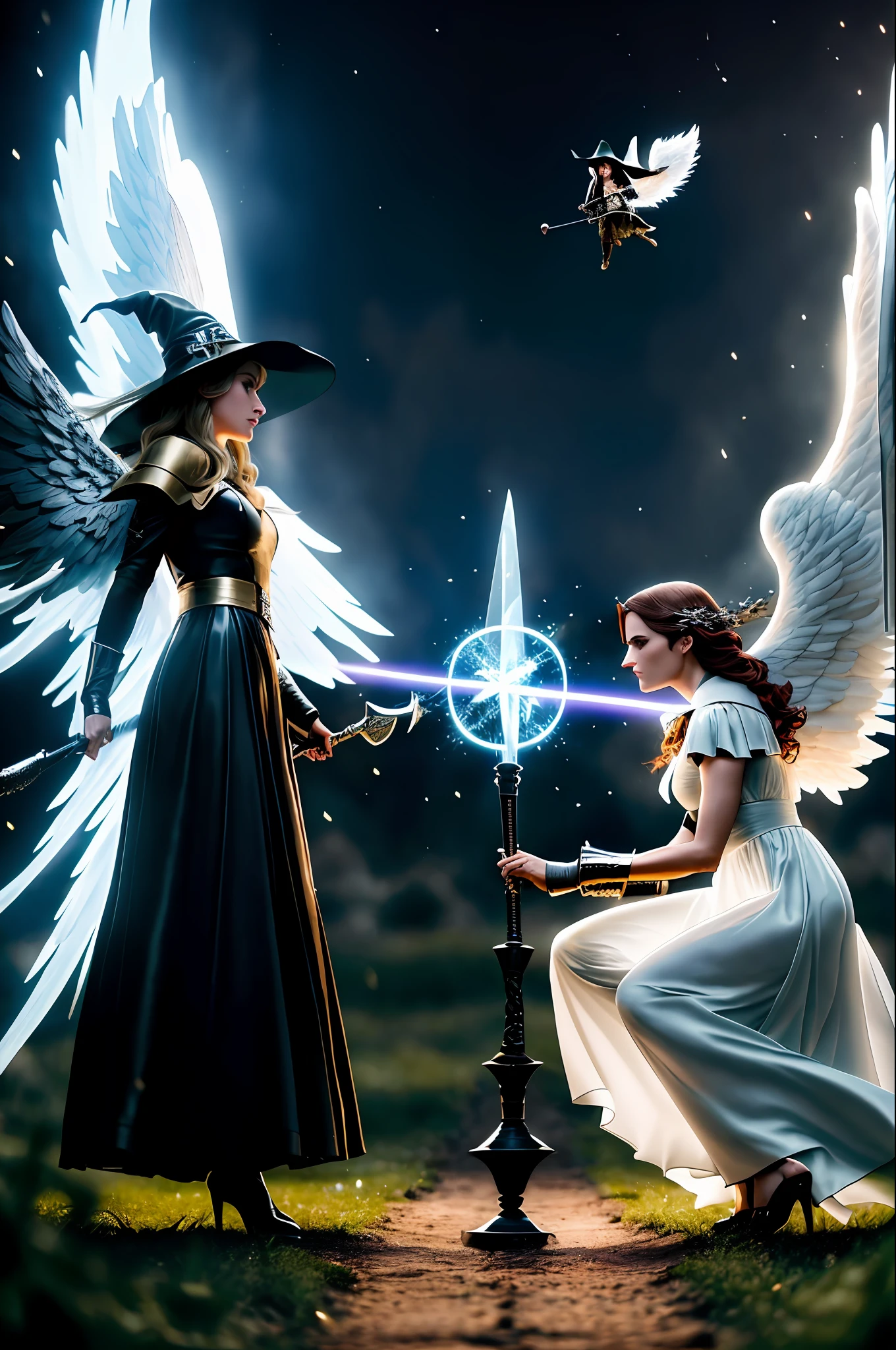 ((Photo shows a battle between an angel and a witch, an angel fights a witch)), battle, battlefield, angel vs. witch fight, hyperdetail, ultra-sharpness, 8k, (insanely detailed: 1.5), ((full-length photo)), 20 MP, canon eos r3, detailed leather, (perfect face: 1.5), highly detailed face