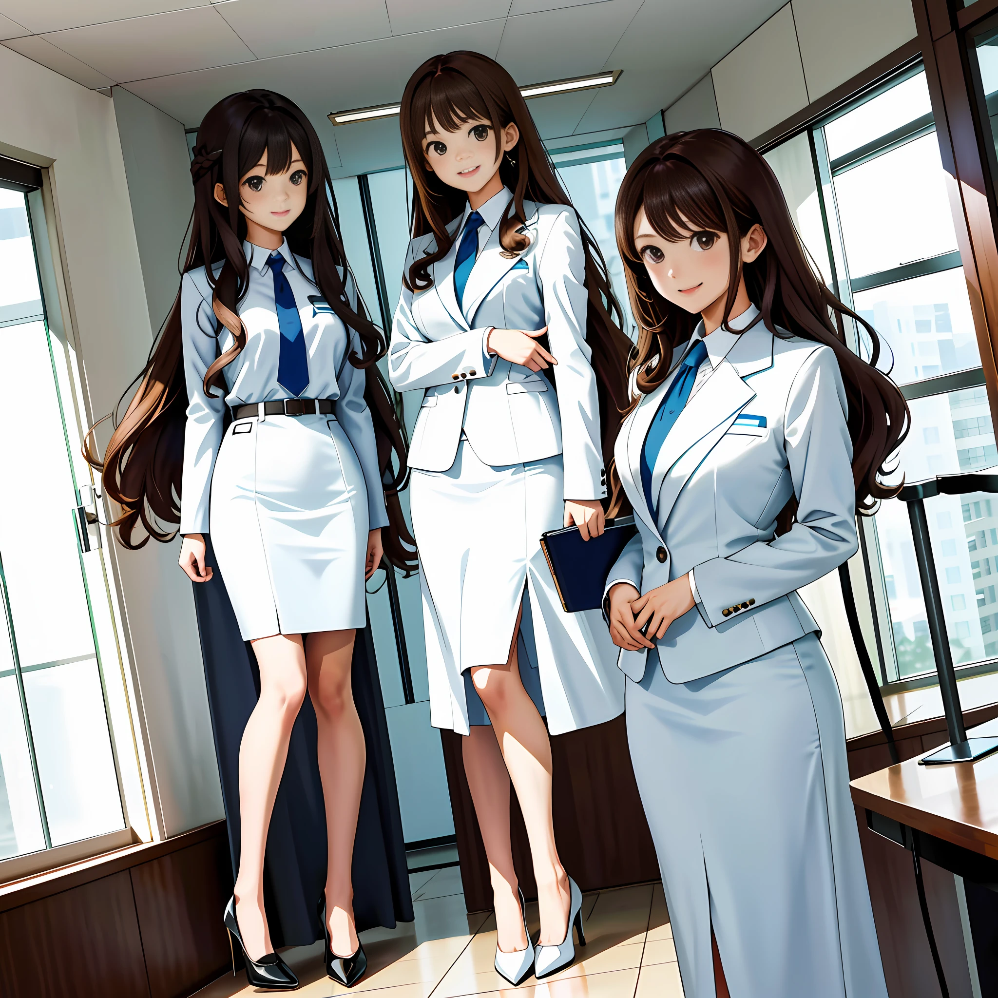 perfect anime illustration, multiple girls, thousands of girls, millions of girls, clones, identical sisters, brown hair, curly hair, long hair, matching hairstyle, hazel eyes, smiling, white skin, business attire, blue skirt suit, pencil skirt, black high heels, matching outfits, businesswomen, highres, office, full body, bare legs, neat rows of sisters, neat columns of sisters, sisters standing in formation, sisters in background
