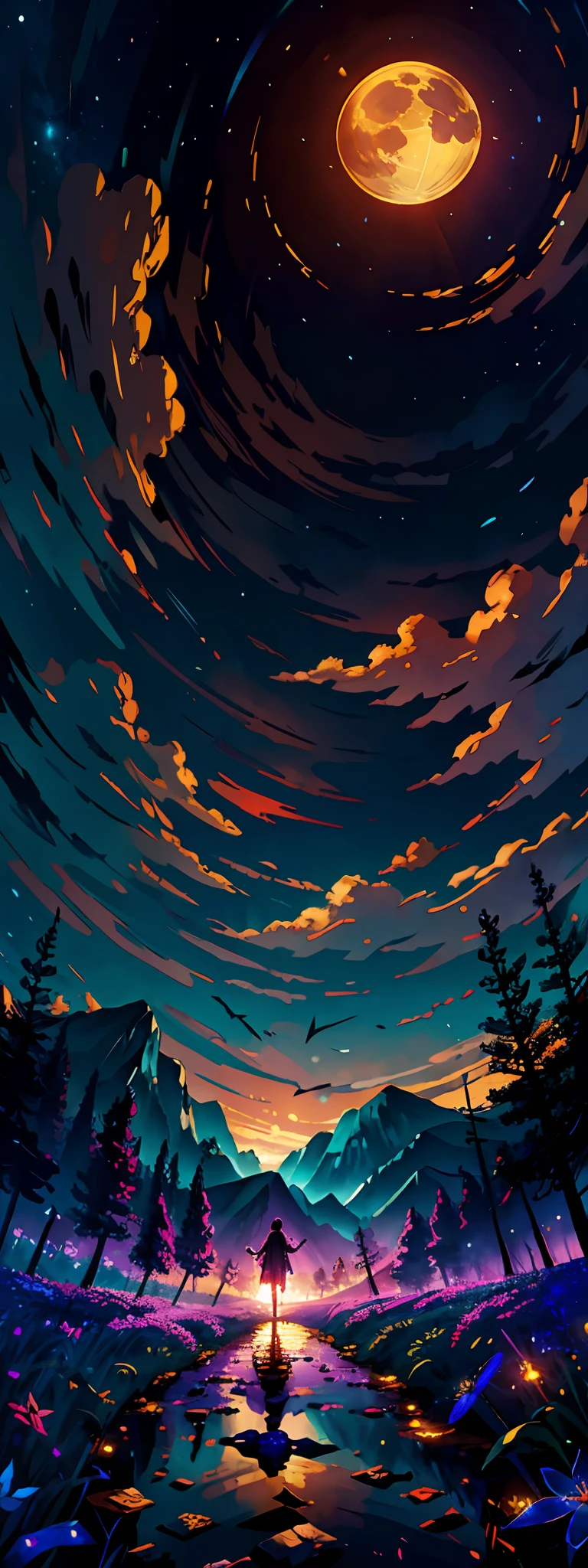 expansive landscape photograph , (a view from below that shows sky above and open field below), a girl standing on flower field looking up, (full moon:1.2), ( shooting stars:0.9), (nebula:1.3), distant mountain, tree BREAK
production art, (warm light source:1.2), (Firefly:1.2), lamp, lot of purple and orange, intricate details, volumetric lighting BREAK
(masterpiece:1.2), (best quality), 4k, ultra-detailed, (dynamic composition:1.4), highly detailed, colorful details,( iridescent colors:1.2), (glowing lighting, atmospheric lighting), dreamy, magical, (solo:1.2)