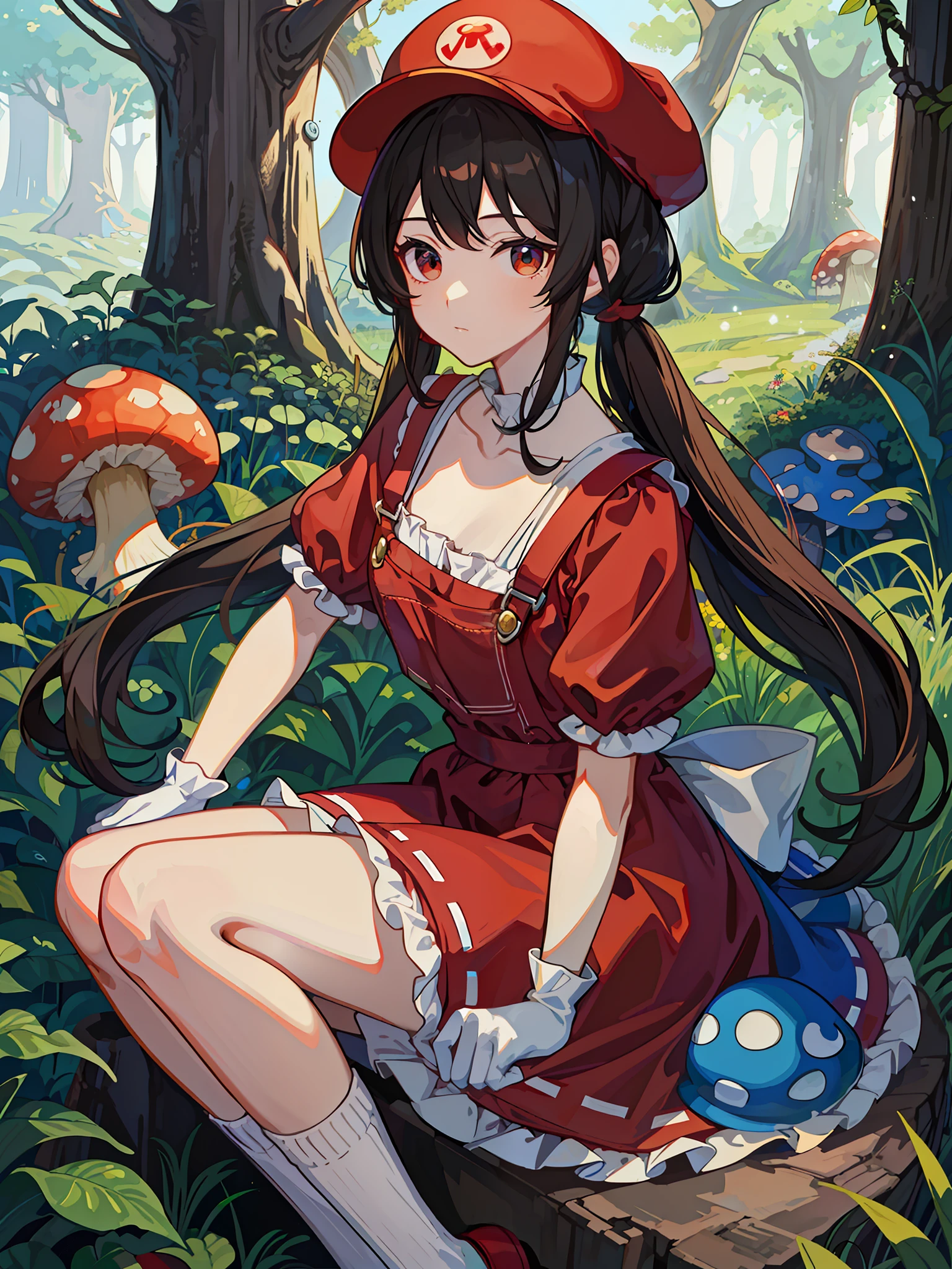 masterpiece, best quality, 1girl, solo, supermario, red cap,, red shirt,, blue overalls,, blue frilly skirt,, white socks,, black mary janes,, brown hair,, long twin tails, white gloves,, sitting on a giant mushroom, mushroom forest,
