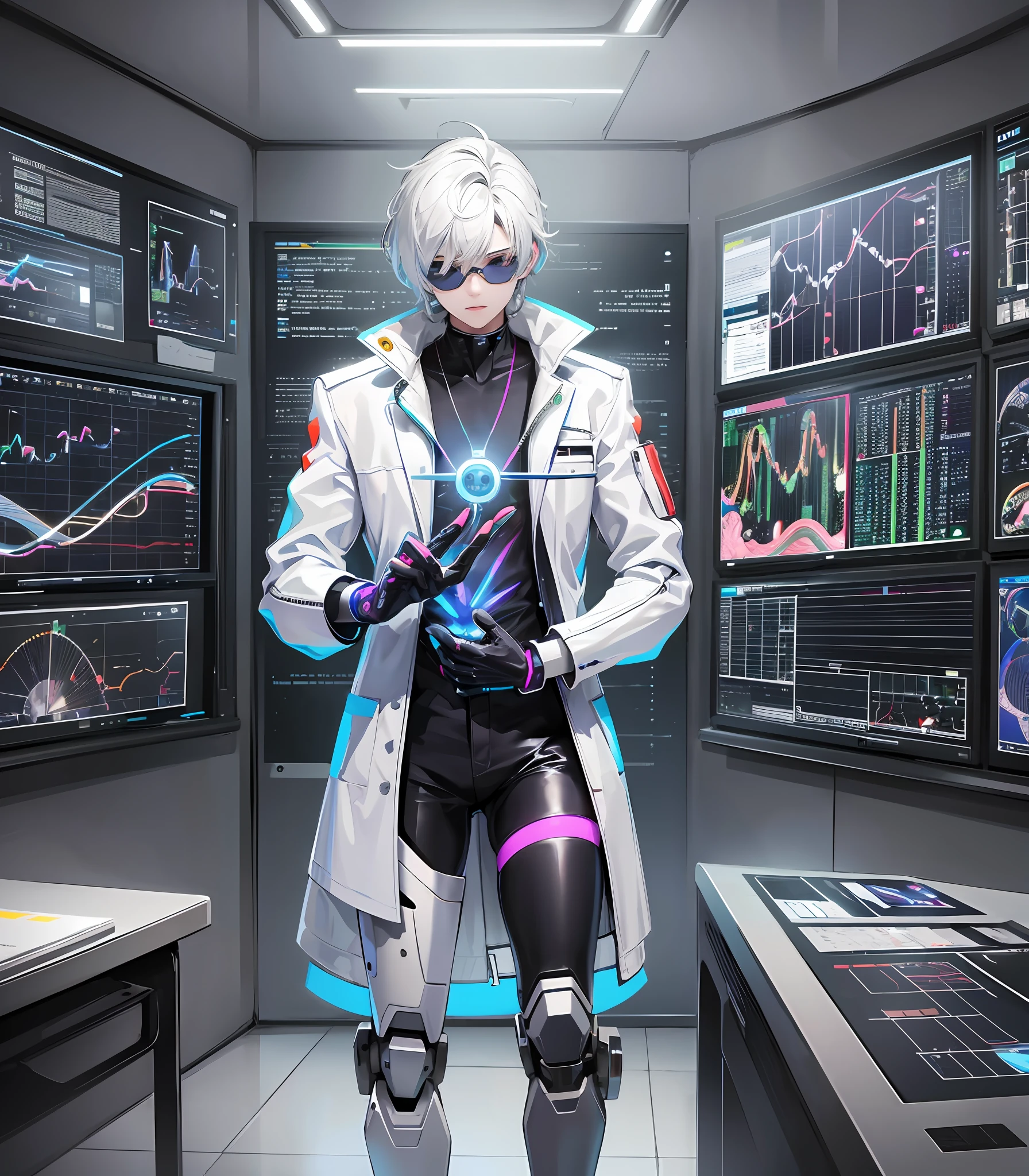 A cyborg teacher with a mechanical arm and a bionic eye, wearing a white lab coat and holding a holographic tablet, standing in front of an interactive digital whiteboard, where he shows complex graphics and formulas, while teaching a class of students with augmented reality headsets and smart bracelets, in a modern, lighted classroom,  with windows that display a futuristic cityscape with skyscrapers and flying vehicles. --auto --s2