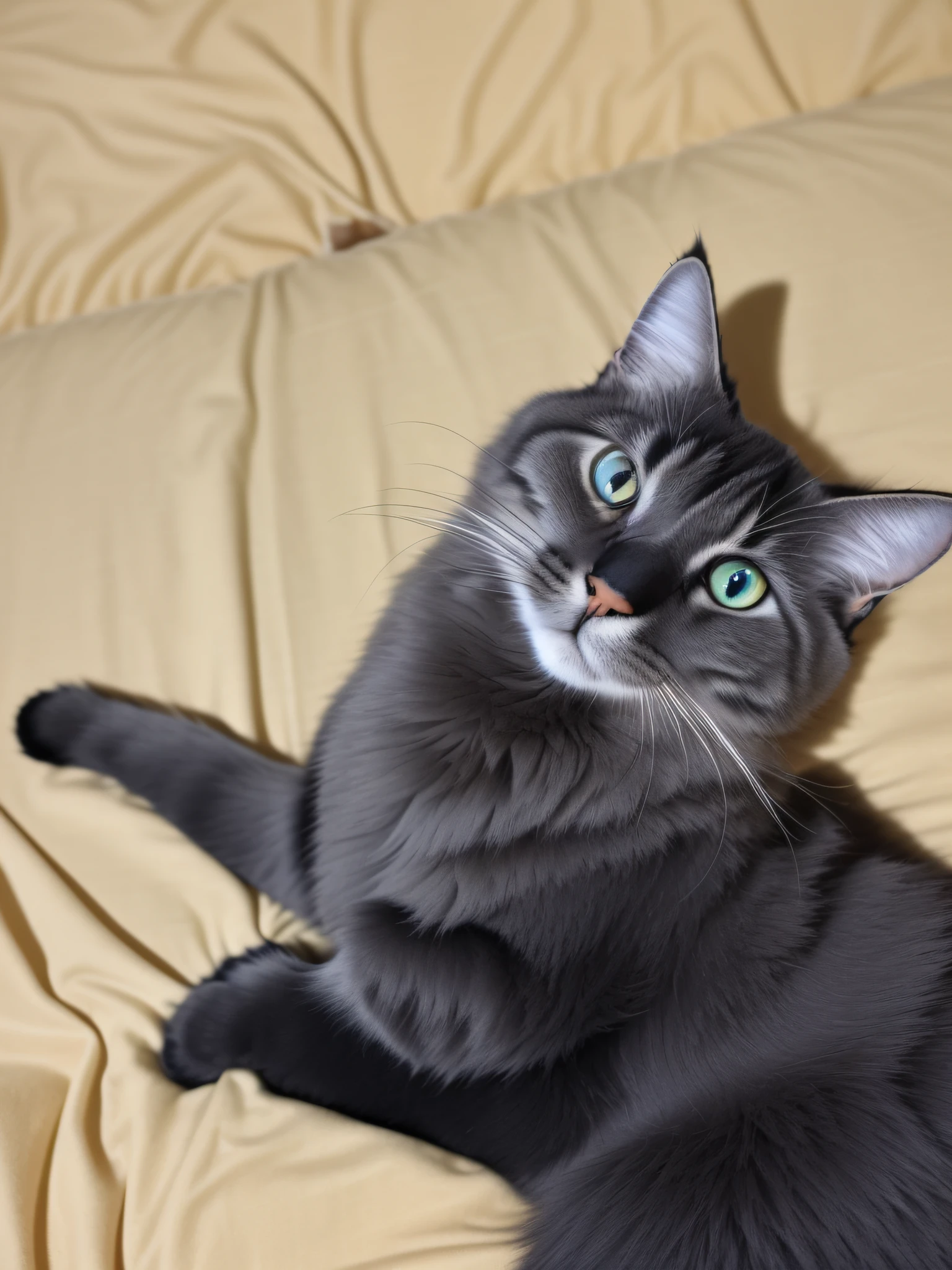 there is a cat that is laying on a bed with a yellow blanket, looking to camera, looking to the camera, holding it out to the camera, glaring at the camera, cute furry needs your help, looking towards the camera, is looking at the camera, winking at the camera, doing a sassy pose, photo of a cat, looking up at camera