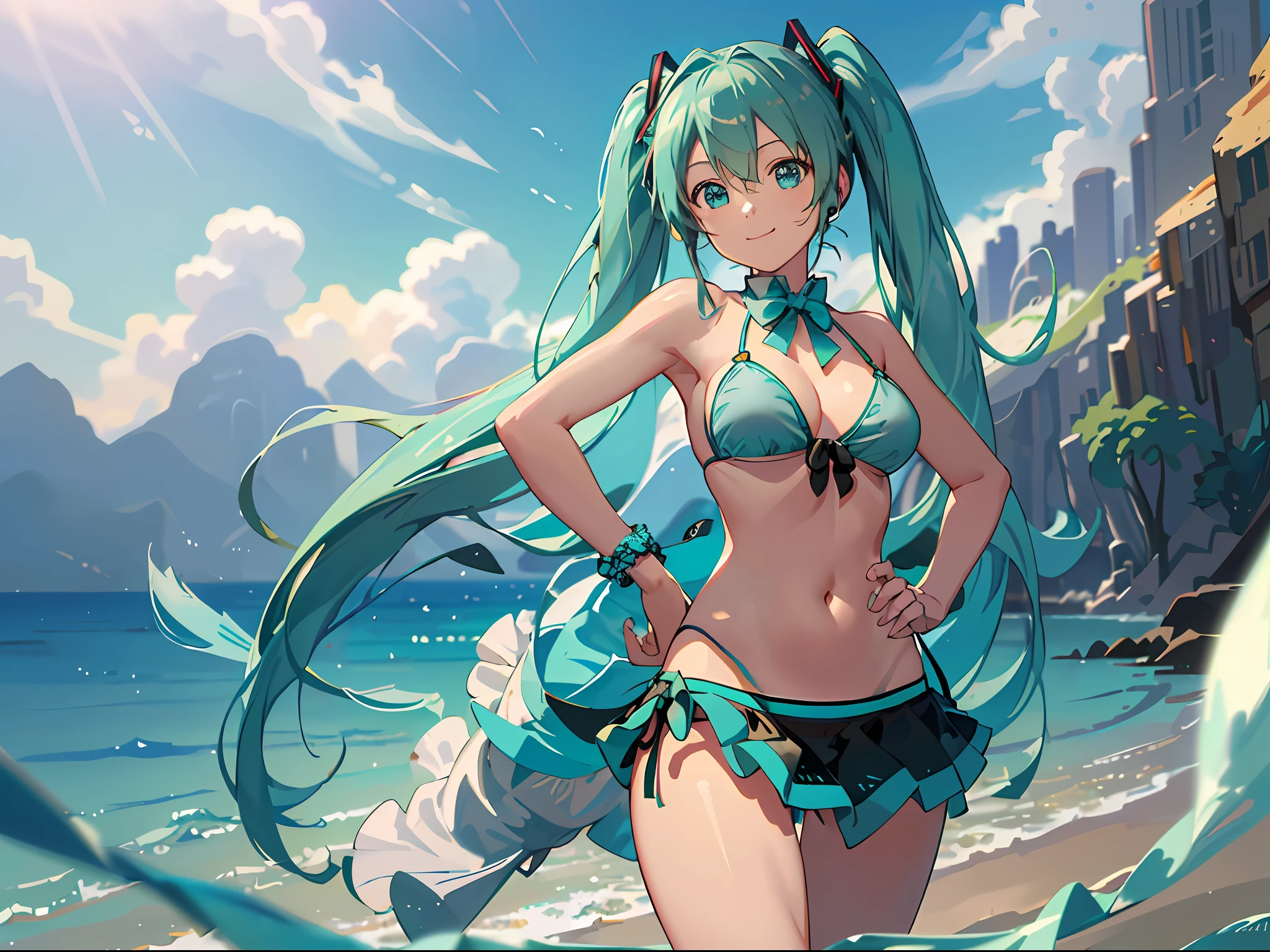 ((masterpiece))((sfw))
(best_quality)
(fisheye)
(blurry_background) (depth_of_field)
(caustics)
(outdoors) (beach)(backlighting) (sunlight)
(Hatsune Miku) (twintails)
(medium_breasts) (skindentation)
(light_smile)
(turquoise_bikini:1.4)
(peace_sign) (hand_on_hip)