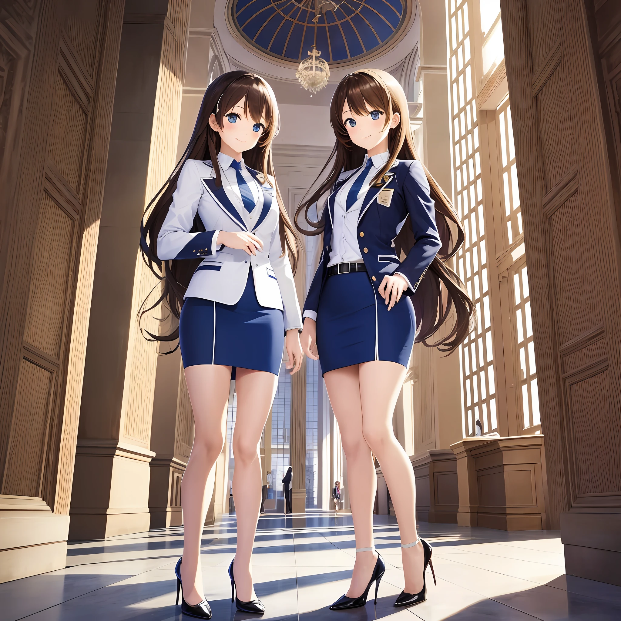 perfect anime illustration, multiple girls, thousands of girls, millions of girls, clones, identical sisters, brown hair, curly hair, long hair, matching hairstyle, hazel eyes, smiling, white skin, business attire, blue skirt suit, pencil skirt, black high heels, matching outfits, businesswomen, highres, office, full body, bare legs, neat rows of sisters, neat columns of sisters, sisters standing in formation, sisters in background