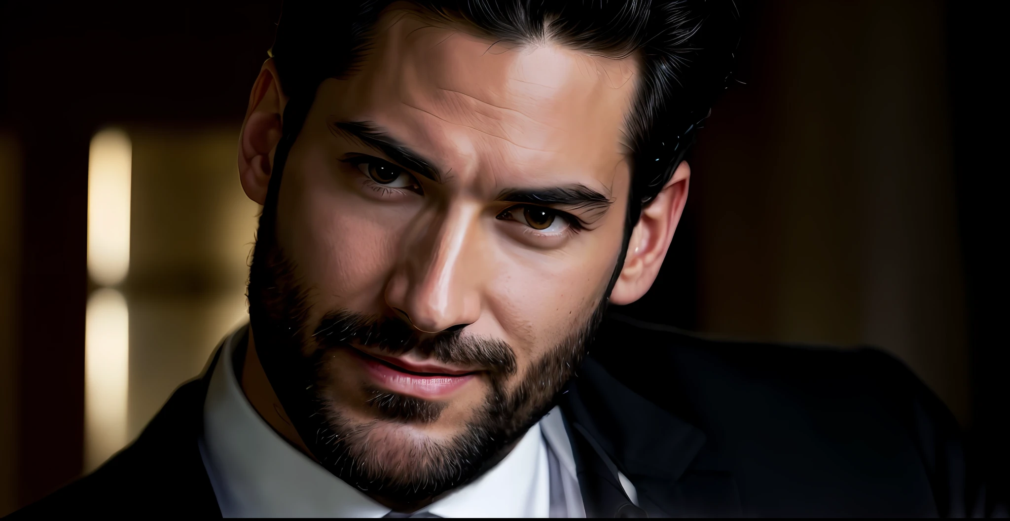 create Ceo Man wearing black suit), Tom Ellis from the Lucifer series, Netflix Lucifer style, strong and muscular, with square jaw and marked and defined (Moreno with model face), wearing dark beard, dark short hair, city image background Greece, man similar to actor Tom ellis, (high quality and realistic image), cinematic style, ((Best quality, 8k, Masterpiece).