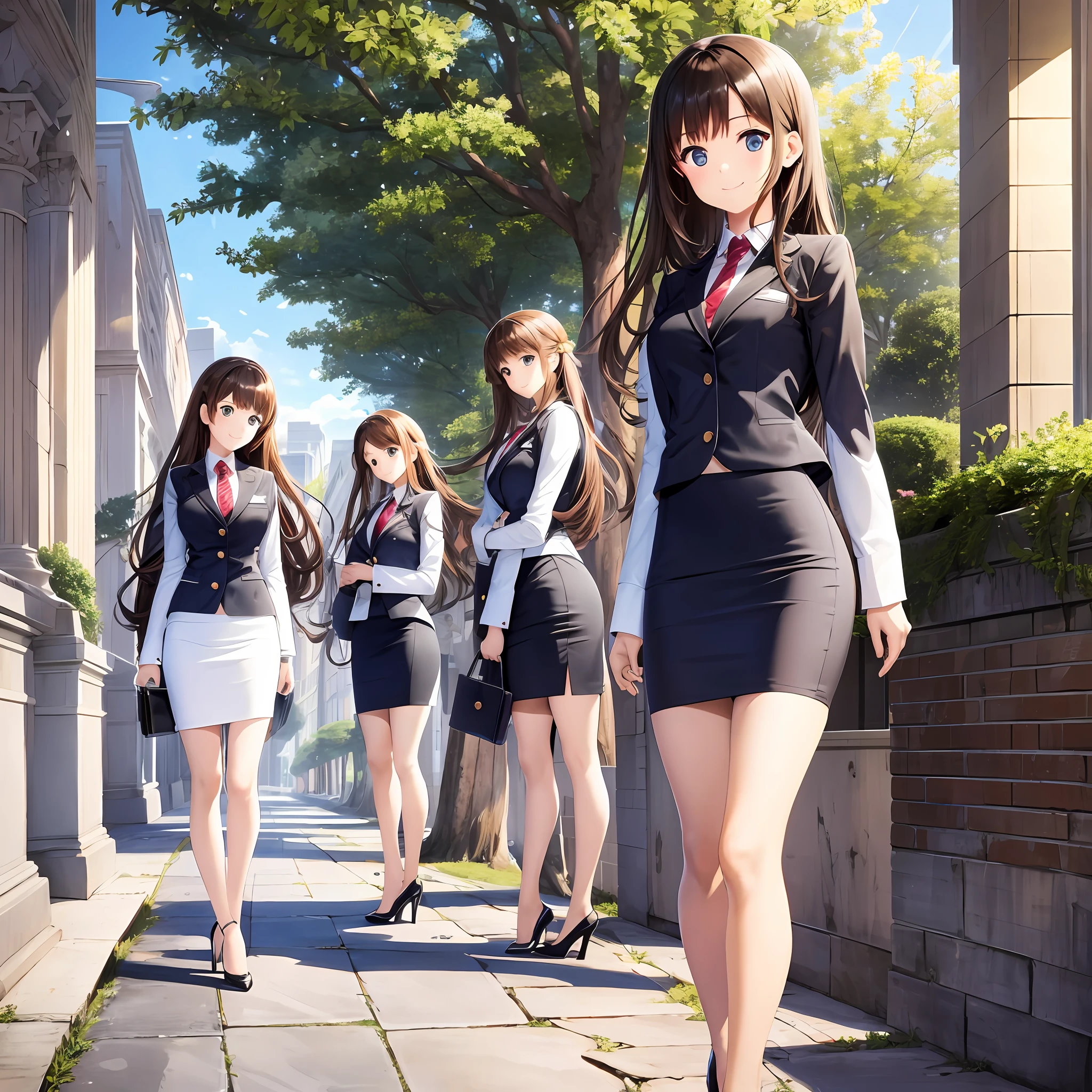 perfect anime illustration, multiple girls, thousands of girls, millions of girls, clones, identical sisters, brown hair, curly hair, long hair, matching hairstyle, hazel eyes, smiling, white skin, business attire, blue skirt suit, pencil skirt, black high heels, matching outfits, businesswomen, highres, office, full body, bare legs, neat rows of sisters, neat columns of sisters, sisters standing in formation, sisters in background