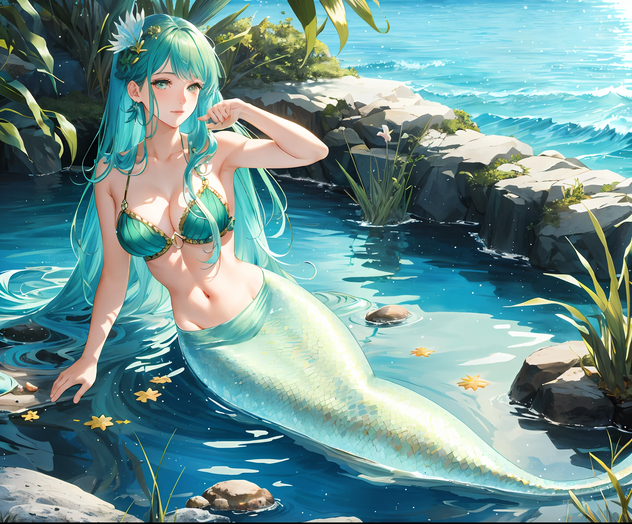 masterpiece, high quality, sharp focus, a mermaid, flowing green hair, covered in seashells and seaweed, many fishes, ocean, perfect face, perfect jawline, textured skin, beautiful lips, sunbeams, warm lighting, cool atmosphere, 8k, uhd, absurdres