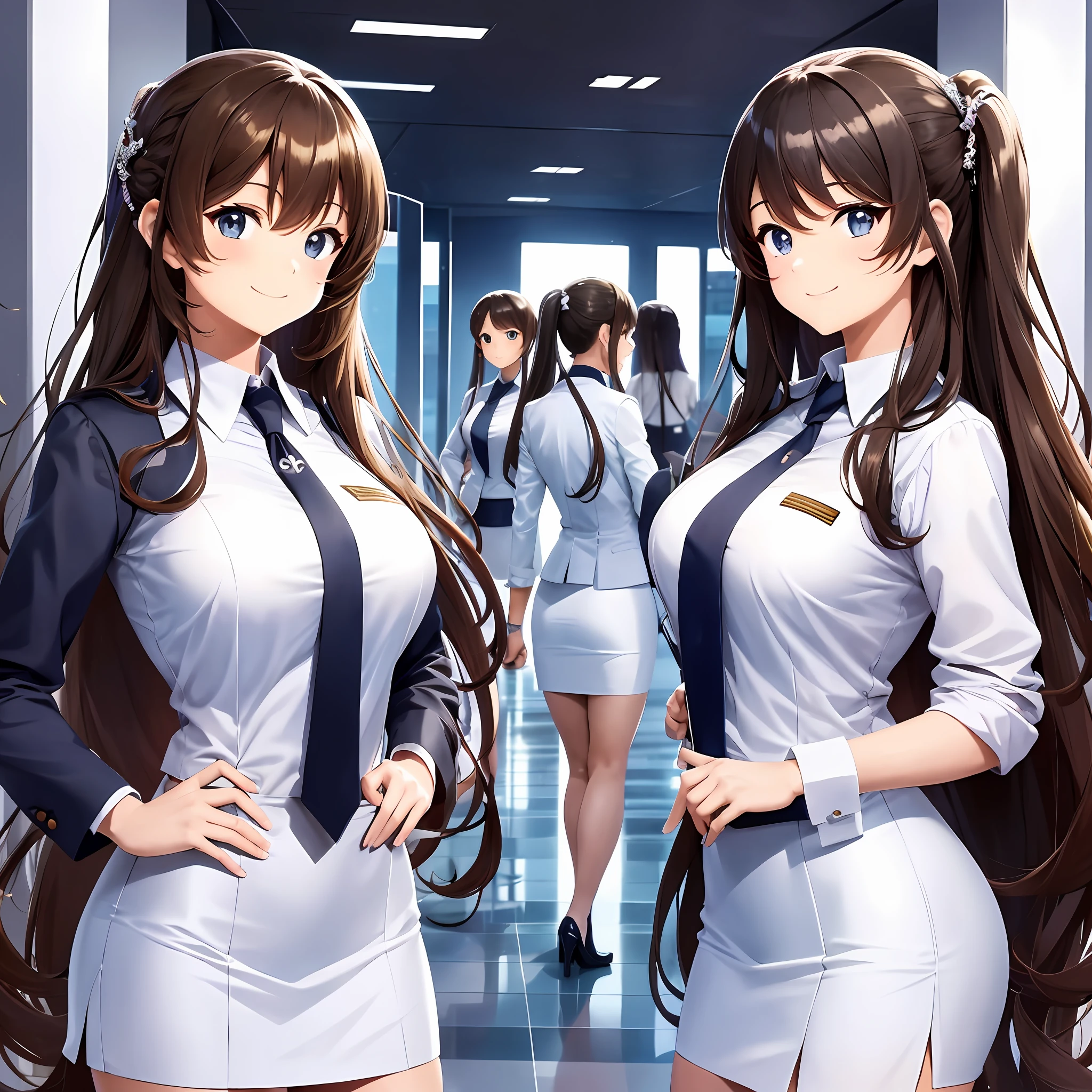 perfect anime illustration, multiple girls, thousands of girls, millions of girls, clones, identical sisters, brown hair, curly hair, long hair, matching hairstyle, hazel eyes, smiling, white skin, business attire, blue skirt suit, pencil skirt, black high heels, matching outfits, uniforms, businesswomen, highres, office, full body, bare legs, neat rows of sisters, neat columns of sisters, sisters standing in formation, sisters in background