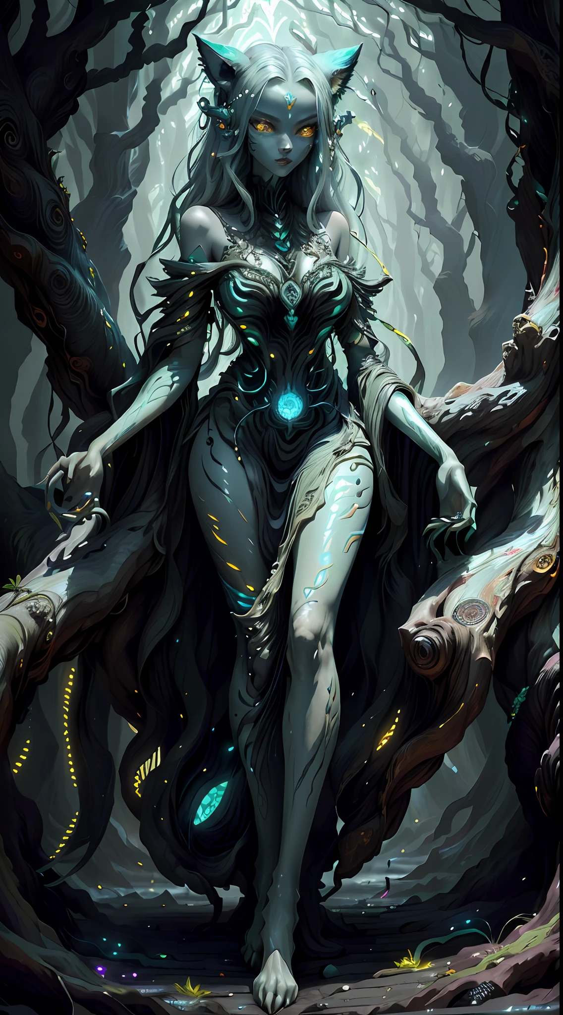 Dressed ((fur)) female alien, anthropomorphic avatar, three eyes, an eye in the middle of the forehead, cat ears, pointed beak, slender fingers, green flashing in the eyes, two hands, looking fierce, with a huge banyan tree, glittering, glowing plants in the background
