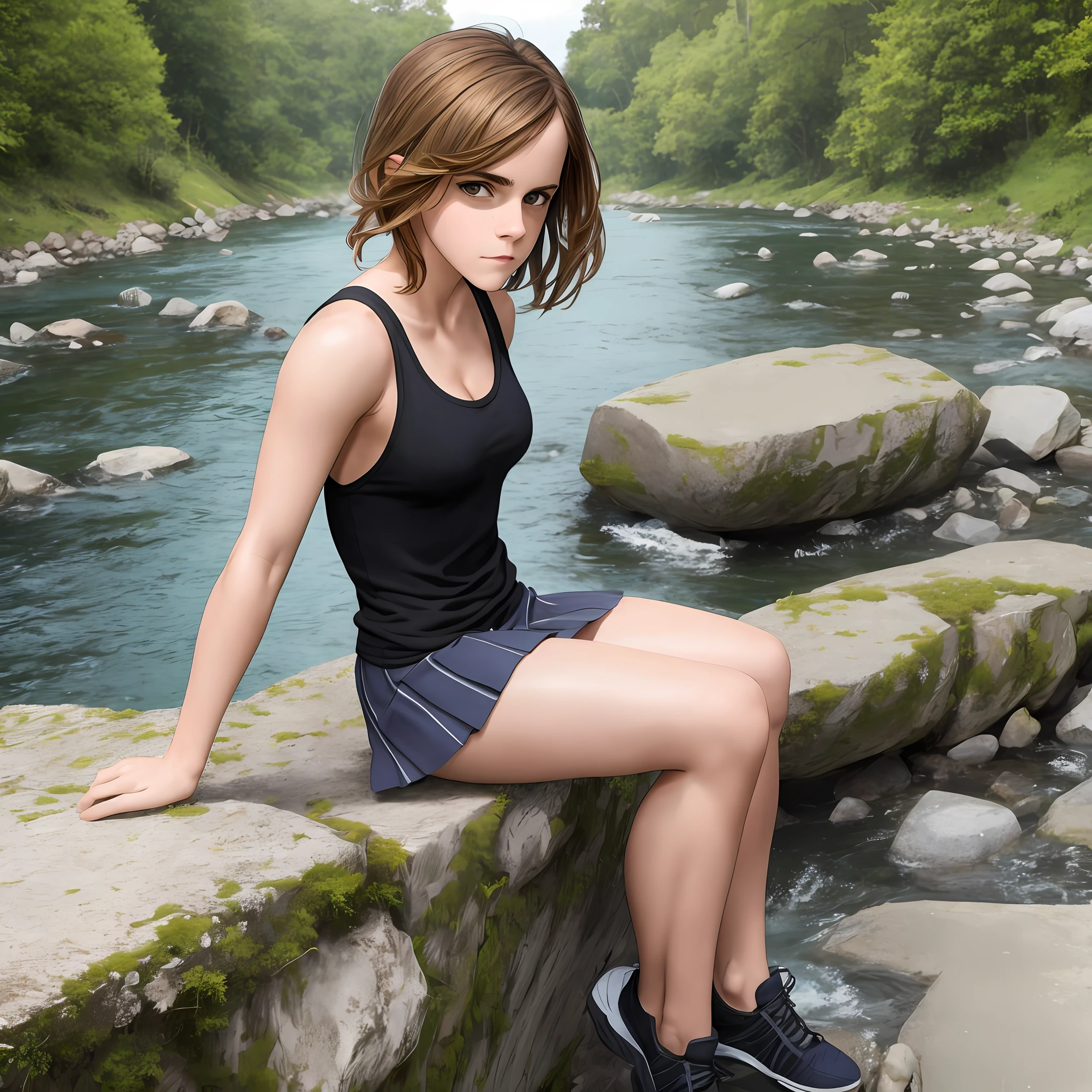 Emma Watson squats on the edge of a river with a short skirt, she wears a loose tank top, focus on the breasts --auto --s2