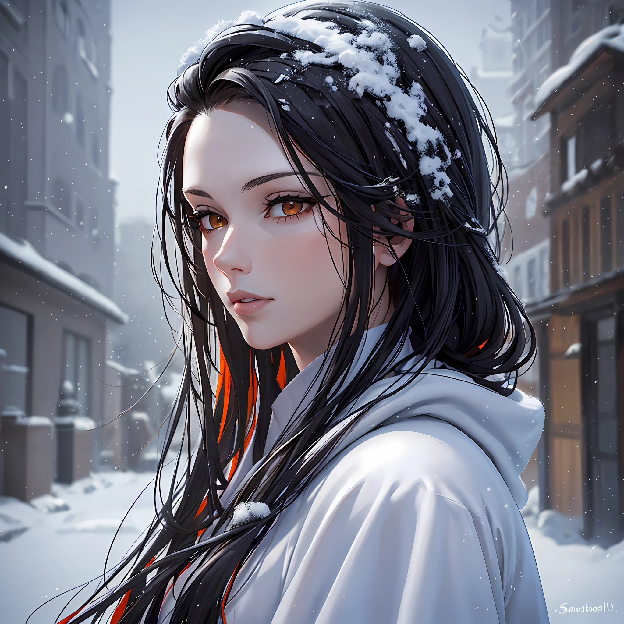 Beautiful tall woman with black hair with orange locks super realistic and well detailed in the snow