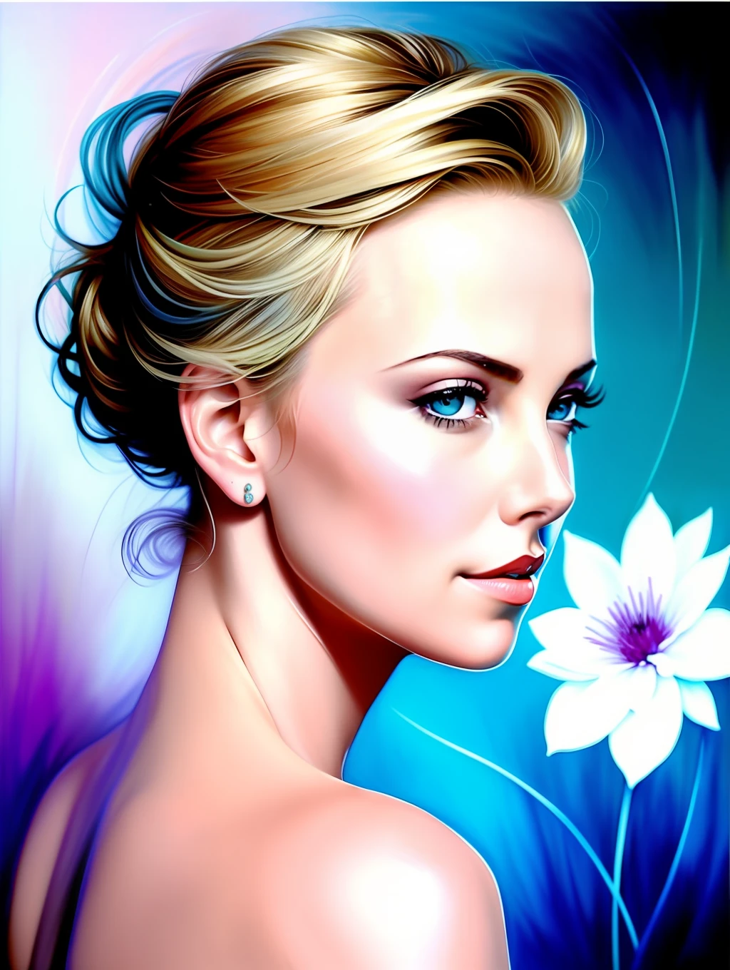 Charlize Theron in A botanical masterpiece in the style of Marco Mazzoni, detailed, hyper-realistic, front view, elemets of symbolism and surrealism, a painting by mse a attractive seductive Charlize Theron by agnes cecile, luminous design, pastel colours, ink drips, spring lights, intricate design, looking to the viewer intertwined, beautiful attractive seductive Charlize Theron, flowers, pastel, looking to the viewer, front view