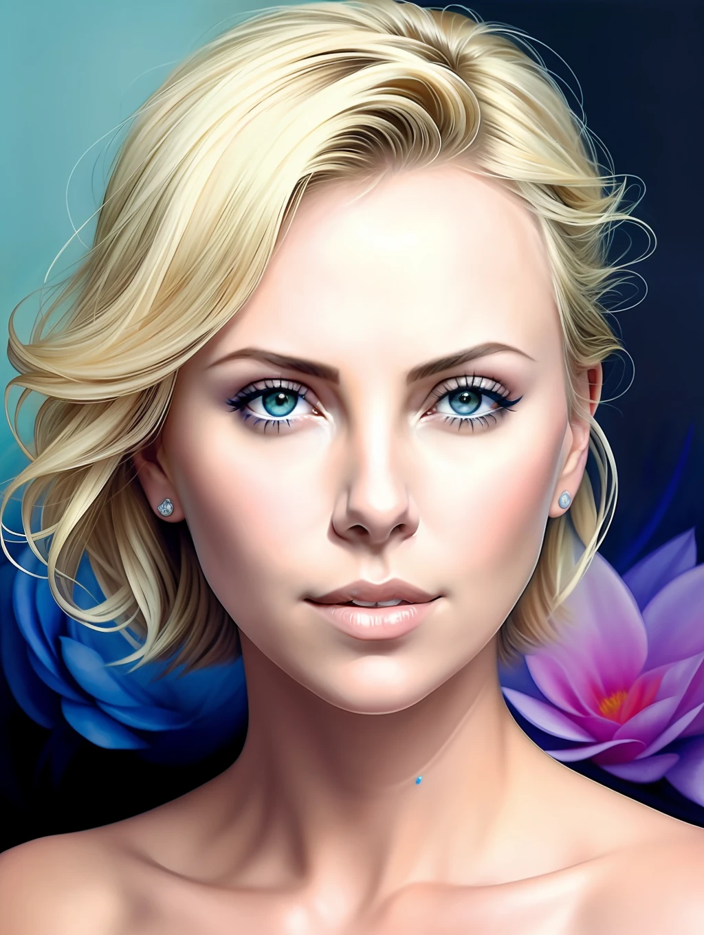 Charlize Theron in A botanical masterpiece in the style of Marco Mazzoni, detailed, hyper-realistic, front view, elemets of symbolism and surrealism, a painting by mse a attractive seductive Charlize Theron by agnes cecile, luminous design, pastel colours, ink drips, spring lights, intricate design, looking to the viewer intertwined, beautiful attractive seductive Charlize Theron, flowers, pastel, looking to the viewer, front view