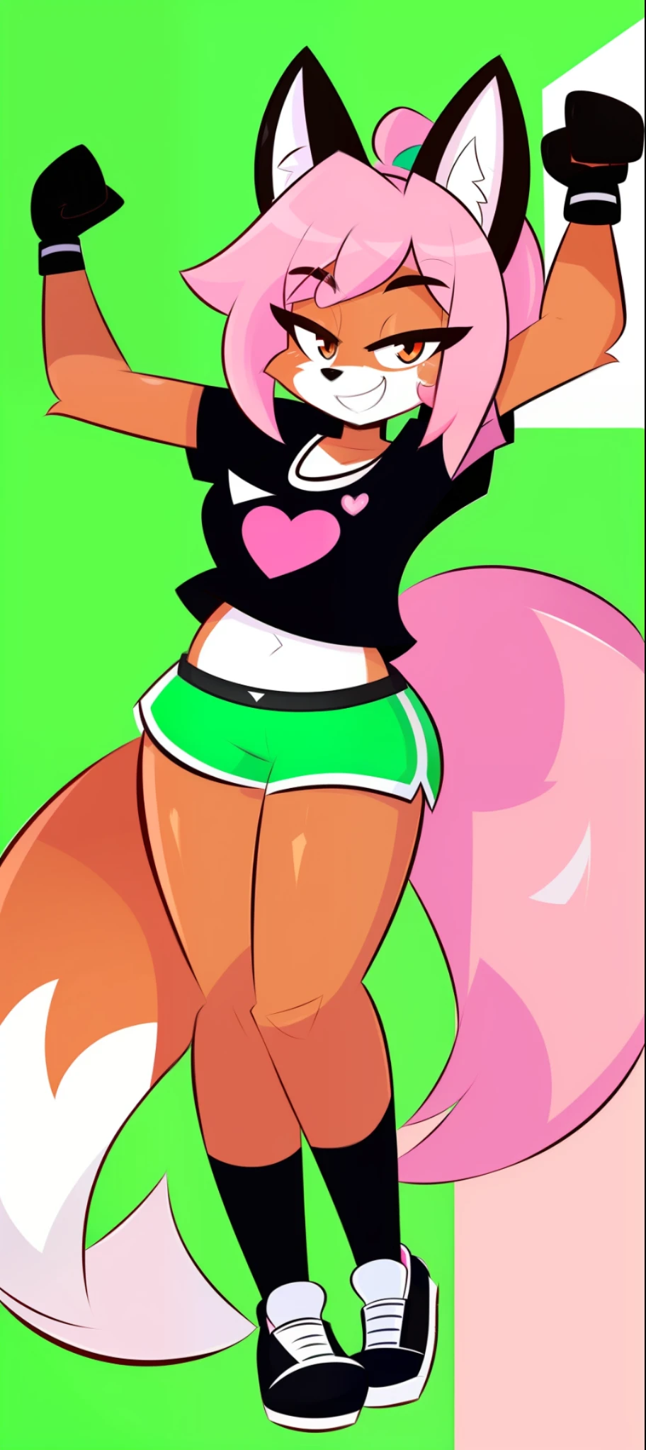 Fox girl, big chest, sexy, sensual, uploaded to E621, beautiful and detailed portrait of an anthropomorphic vixen ((female))) uploaded to E621, by Kilinah, simple green background, happy, pink hair, sportswear, >w<, arms up, fingers pointing up, black t-shirt, blue shorts