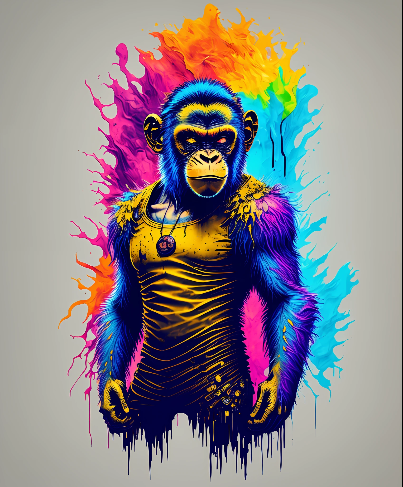 (a portrait of Cyberpunk Monkey with colored fluid), T-shirt logo in tapered thin outline style, spell view, artwork in (empty background:1.4)