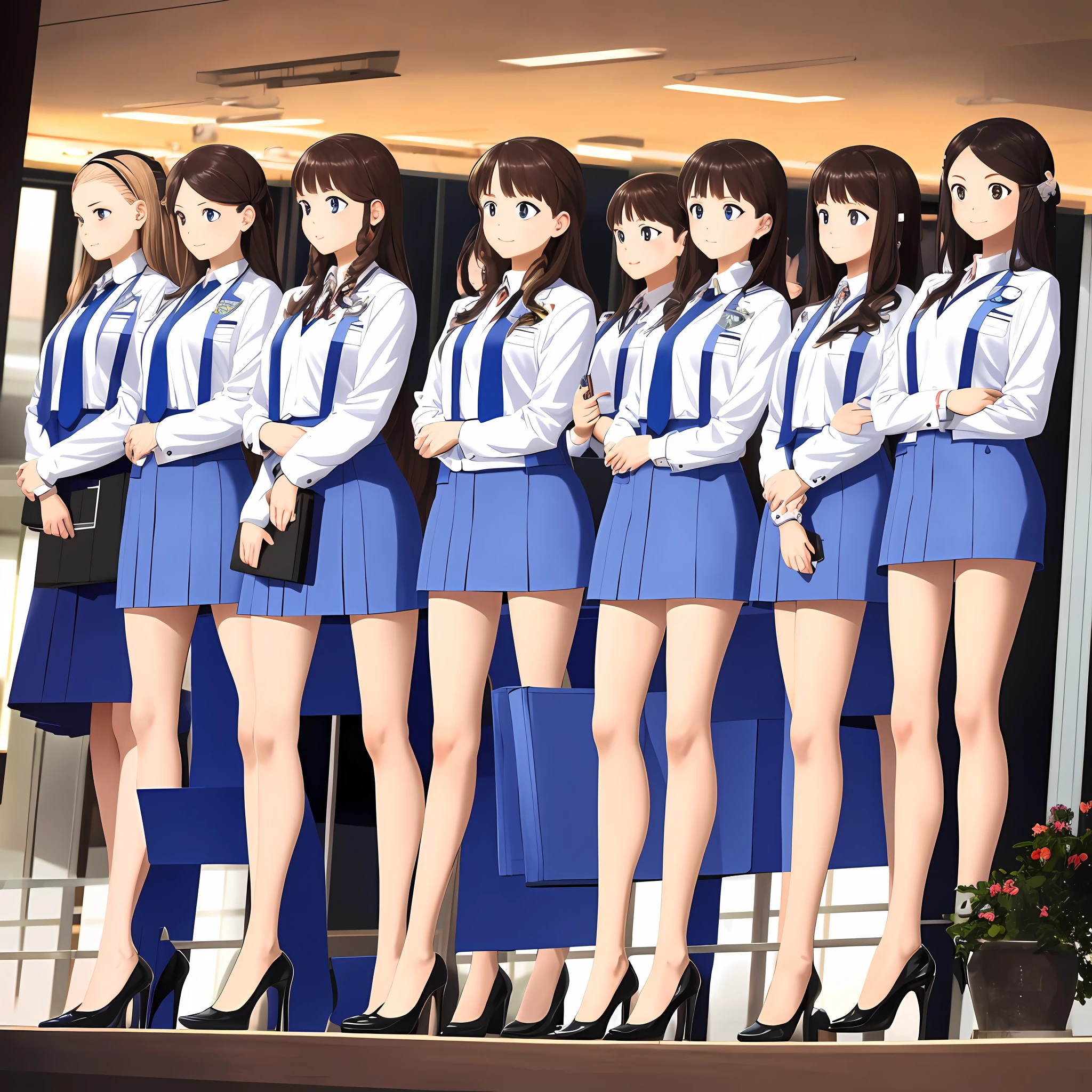 perfect anime illustration, multiple girls, thousands of girls, millions of girls, clones, identical sisters, brown hair, curly hair, long hair, matching hairstyle, hazel eyes, smiling, white skin, business attire, blue skirt suit, pencil skirt, black high heels, matching outfits, uniforms, businesswomen, highres, office, full body, bare legs, neat rows of sisters, neat columns of sisters, sisters standing in formation, sisters in background