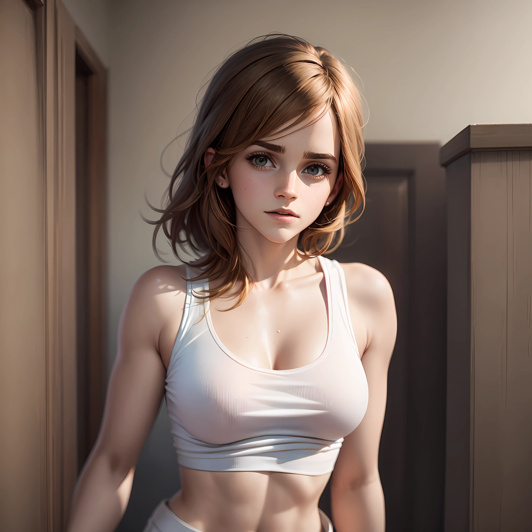 Emma Watson's big burst the tight white tank top, photorealistic --auto --s2