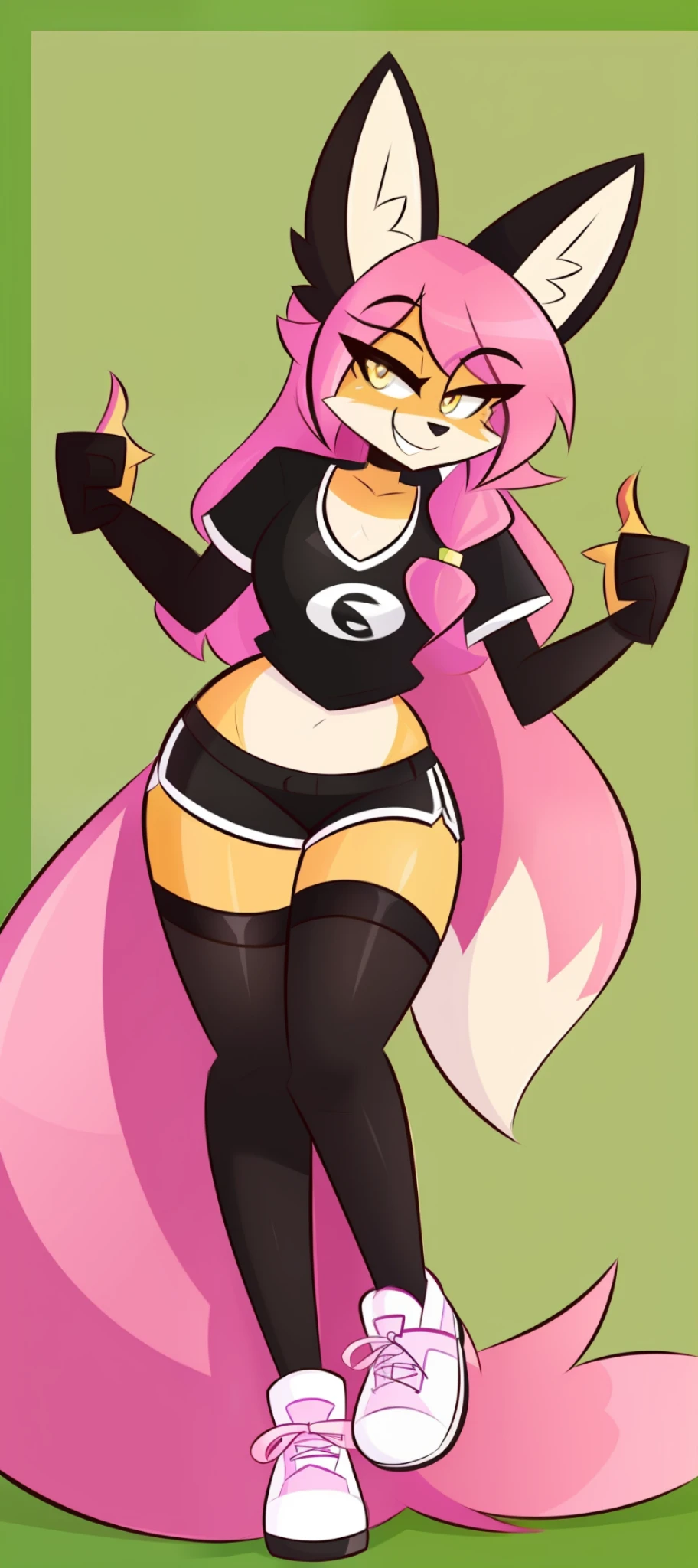 Fox girl, big chest, sexy, sensual, uploaded to E621, beautiful and detailed portrait of an anthropomorphic vixen ((female))) uploaded to E621, by Kilinah, simple green background, pink hair, sportswear, arms down, fingers pointing down, would be, expressionless, black t-shirt, black shorts, yellow eyes
