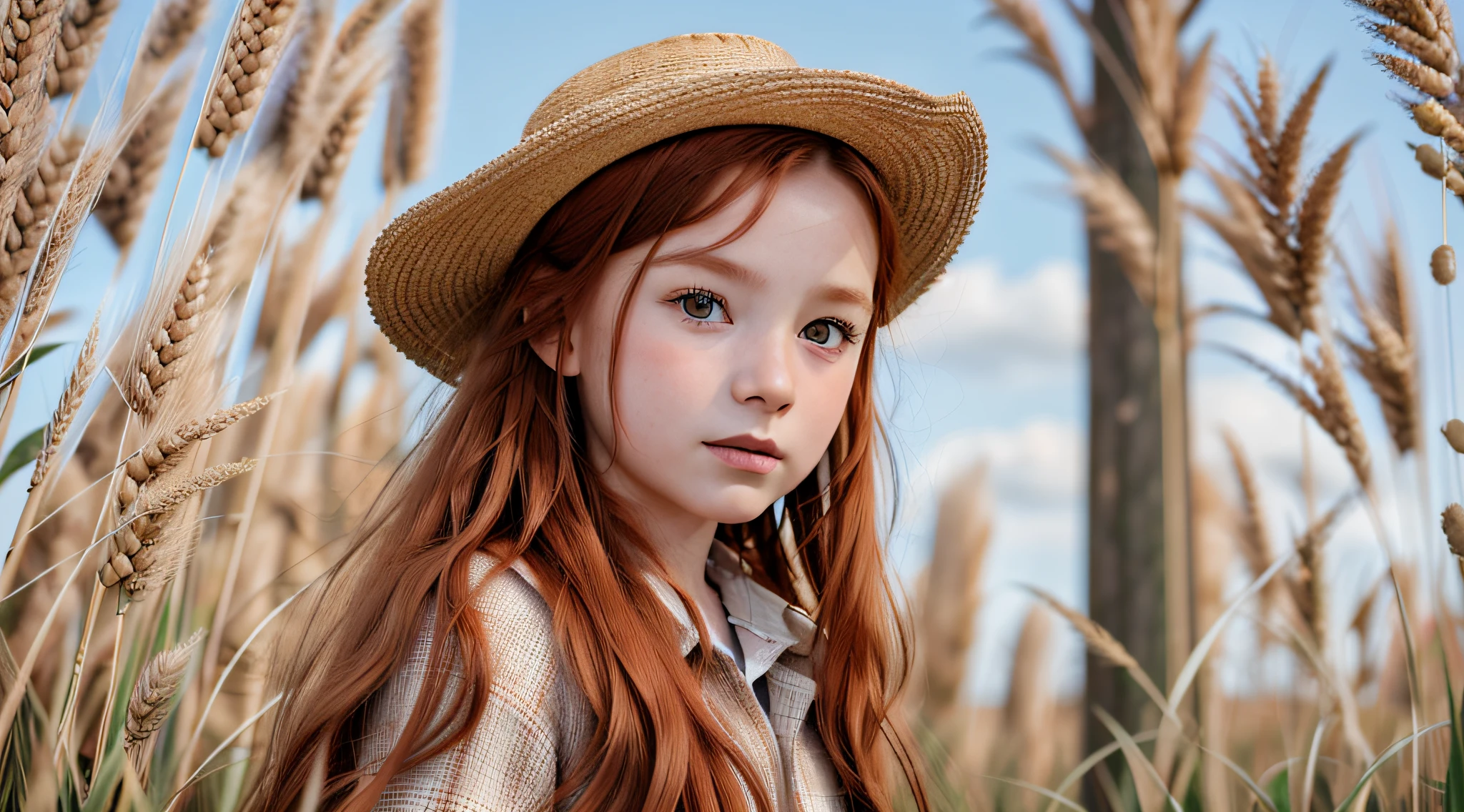 (raw photo: 1.2), (photorealistic: 1.4), (best quality: 1.4), (ultra highres: 1.2), (highly detailed: 1.3), 10-year-old girl REDHEAD WITH LONG HAIR FARMER, RED BACKGROUND, WHEAT, ULTRA REALISTIC, MASTERPIECE . --auto --s2