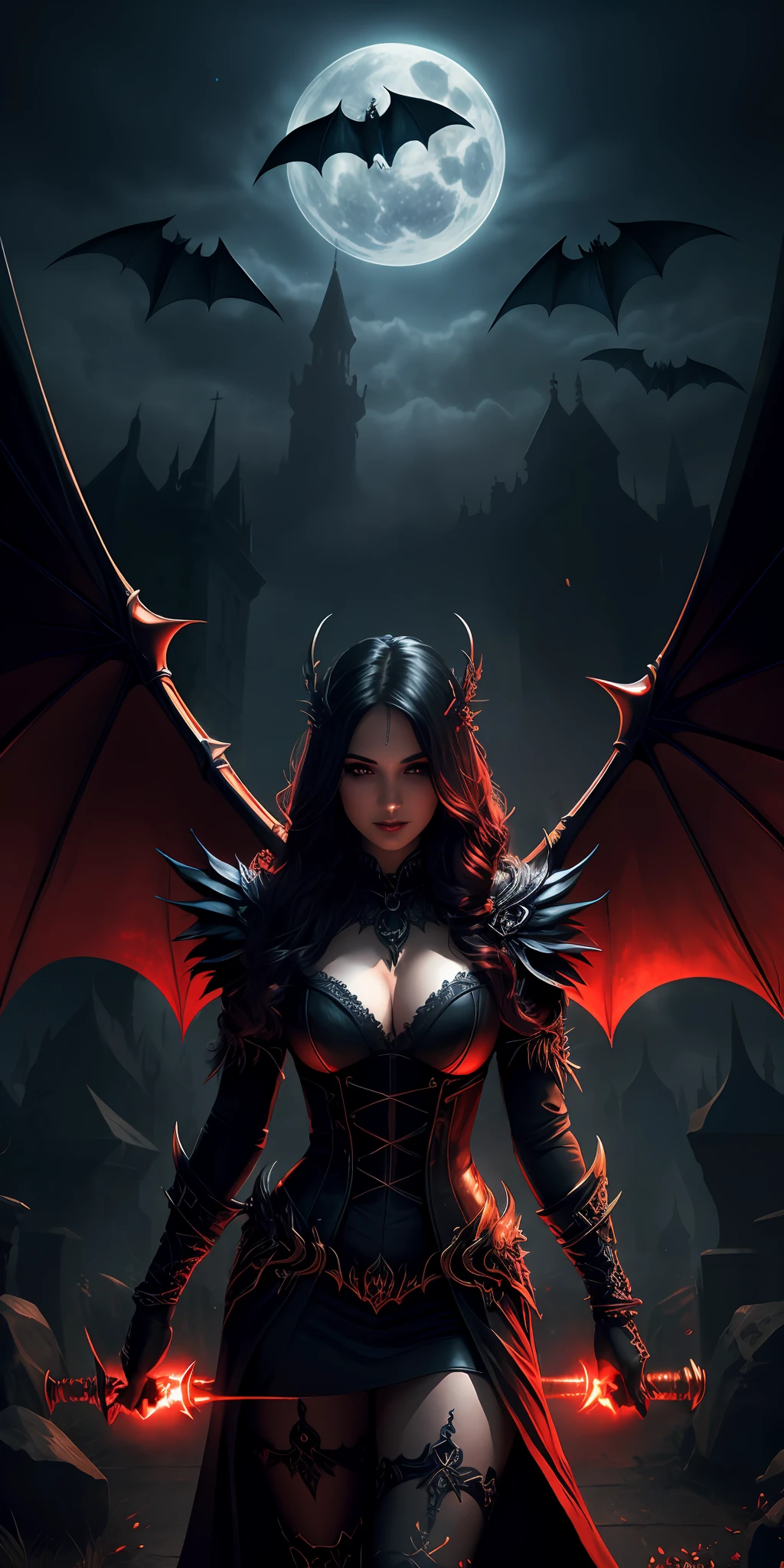 Fine, (Best Illustration), 8k Resolution, Intricate Details, Best Quality, Realistic, Ultra Detailed, Best Lighting, Best Shadows, Ultra HD, A Necromancer, Night, Magic, Dark Style, Vampire, Bat wings, red glowing eyes