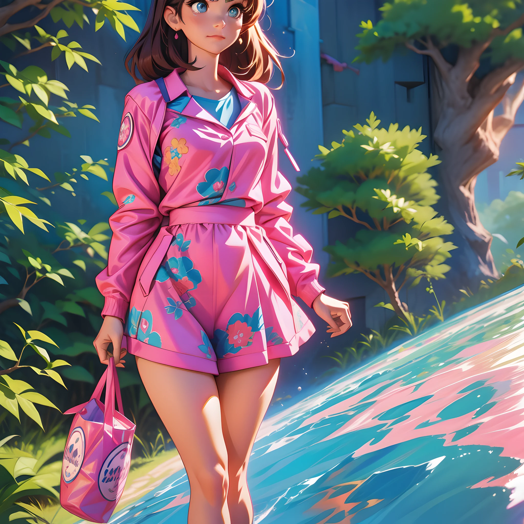 Girl dressed in pink and blue outfit standing in front of a planet