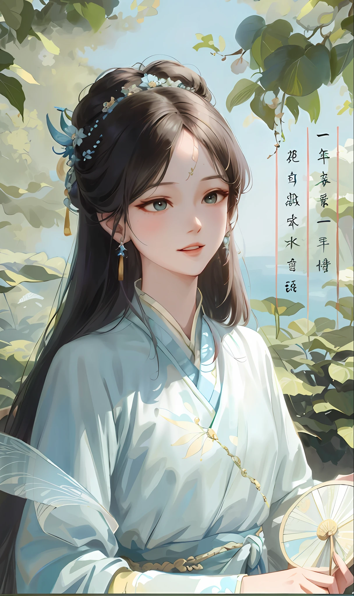 a close up of a woman in a blue dress holding a fan, palace ， a girl in hanfu, beautiful character painting, artwork in the style of guweiz, guweiz, inspired by Hua Yan, inspired by Ma Yuanyu, 中 元 节, inspired by Li Fangying, inspired by Qiu Ying