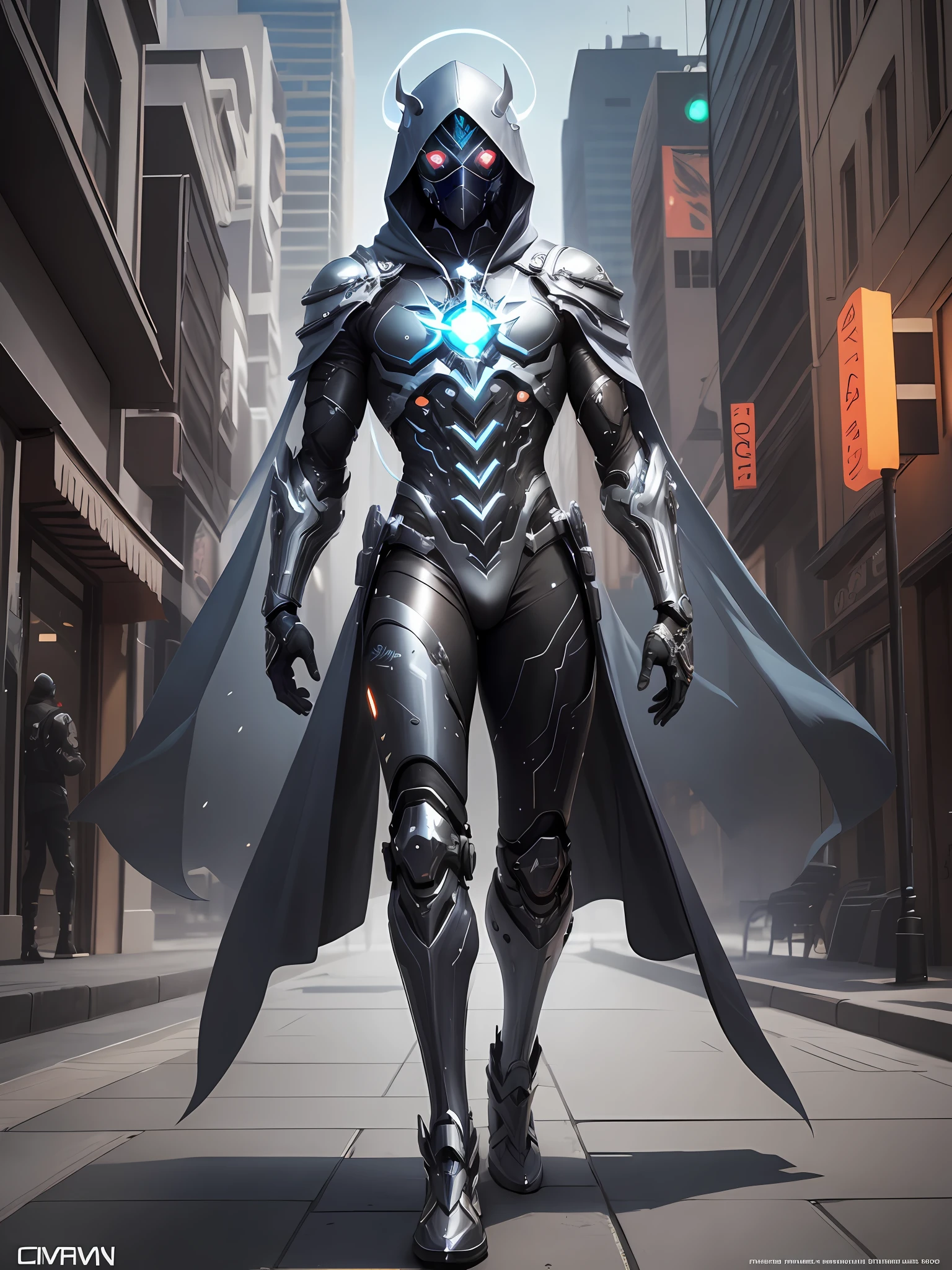 transparent cosmos hooded male cyborg suite have four arms, shiny transparent robe, mask (((4 arms, four arms))) front view, street background, cinematic lighting, full body, full body, all body, front view, wide angle, cinematic lighting, ultra details, ultra resolution, ultra quality, focused, unreal engine 5, cinematic ligh