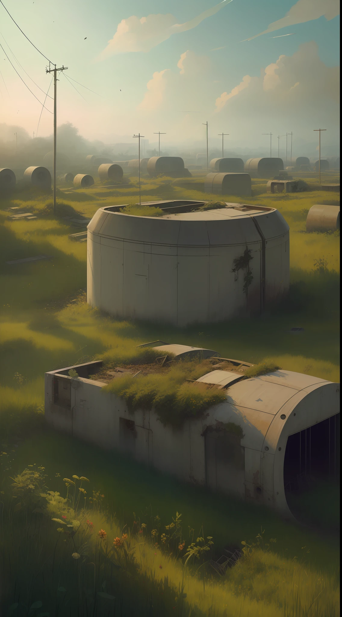 a wild field with old and abandoned concrete bunkers, abandoned plants, ribbons, broken tiles, broken windows, nostalgic, very detailed, intricate, cinematic lighting, digital art painting by greg rutkowski
