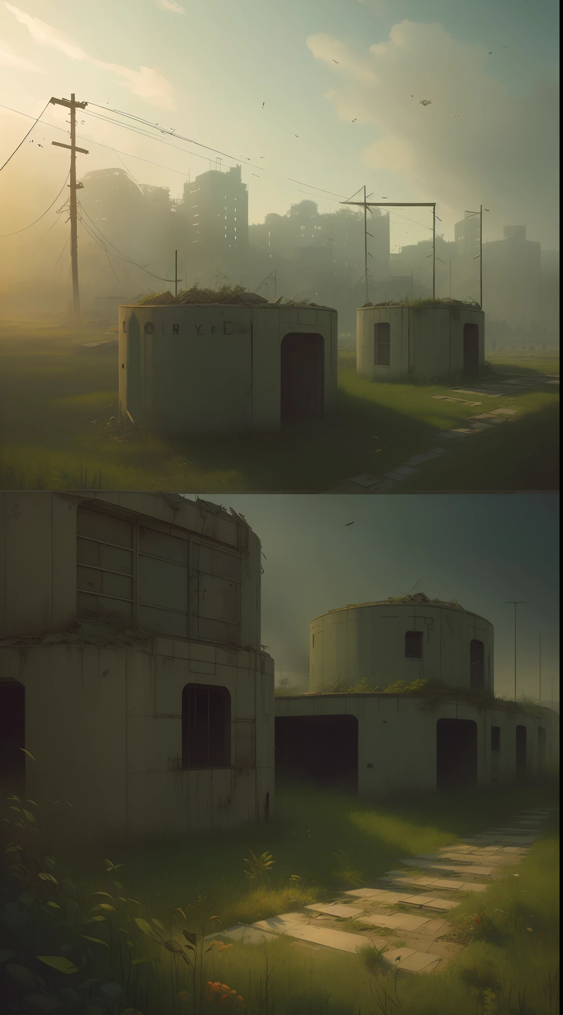 a wild field with old and abandoned concrete bunkers, abandoned plants, ribbons, broken tiles, broken windows, nostalgic, very detailed, intricate, cinematic lighting, digital art painting by greg rutkowski