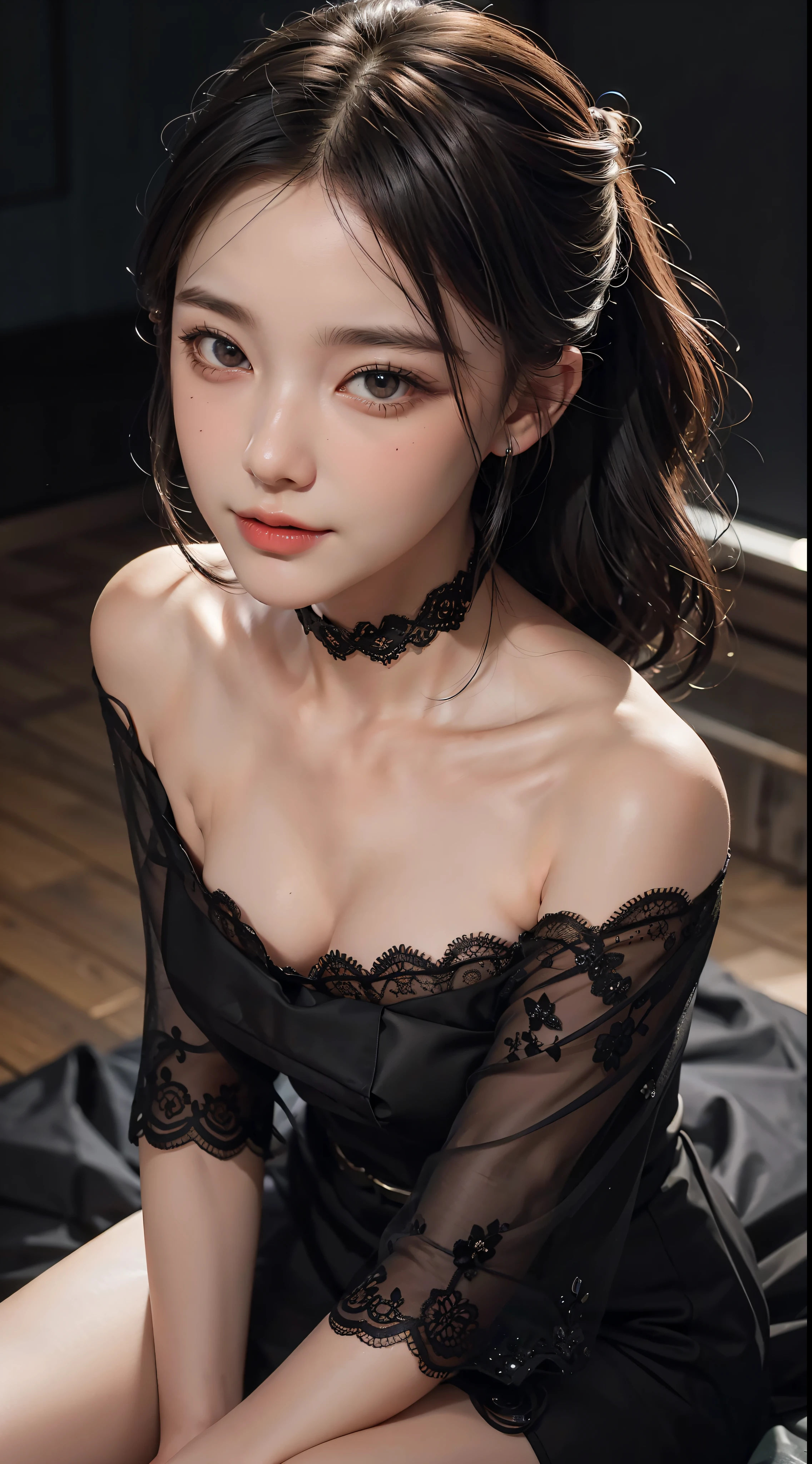 close up, (neon, night view, Dutch angle, from above, strapless: 1.3), masterpiece, best quality, raw photo, photorealistic, off shoulder, black lace dress, black choker, yellow eyes, reddish, updo, upper body, neckline, facelight, shiny skin, film grain, chromatic aberration, absurdres, highres, ultra detailed, finely detailed, detailed eyes and face, sharp pupils,  realistic pupils, sharp focus, dark hair, in a room, lights off, happy expression, smiling, whole body, body, legs